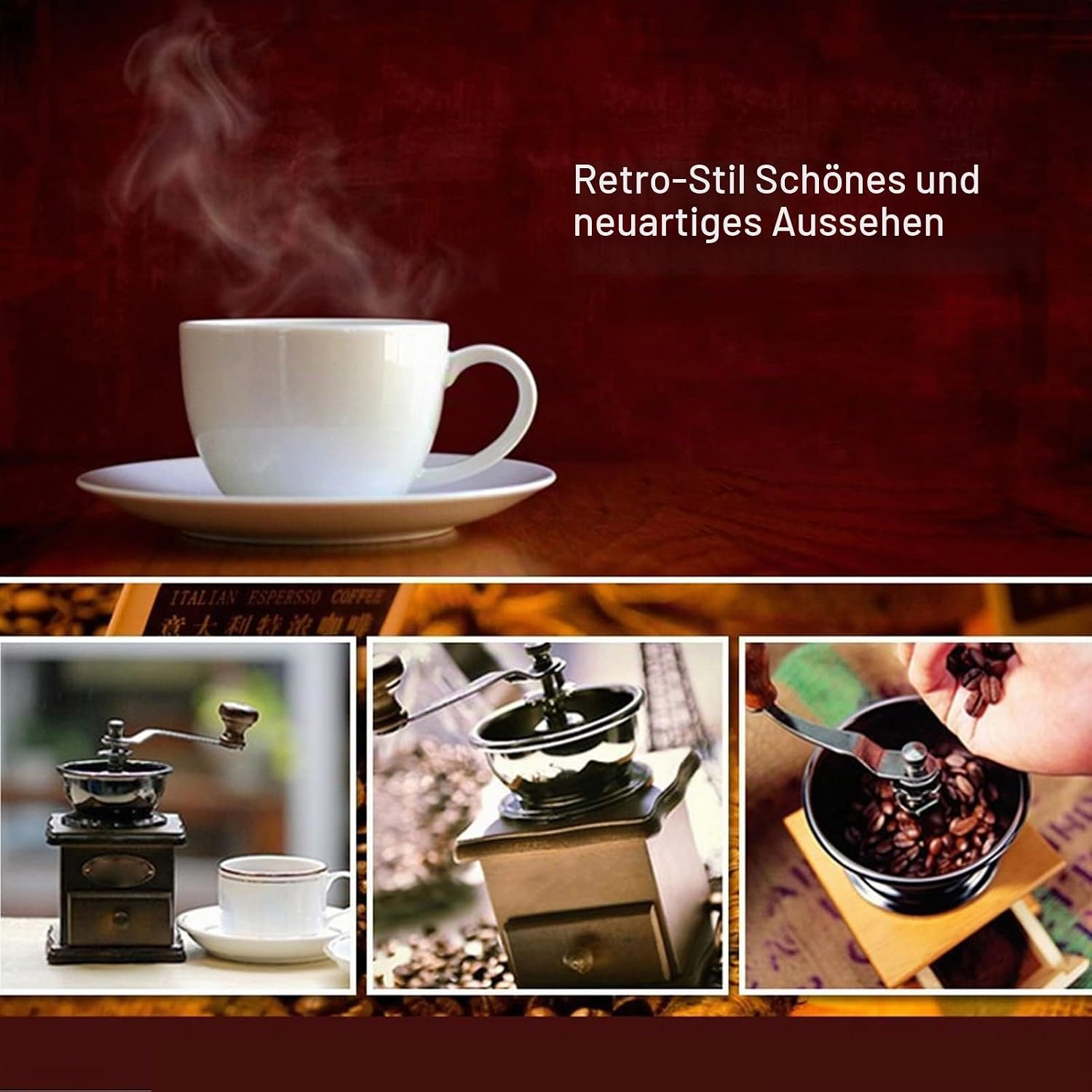 Eine weiße Kaffeetasse mit aufsteigendem Dampf und darunter drei Bilder von manuellen Kaffeemühlen.