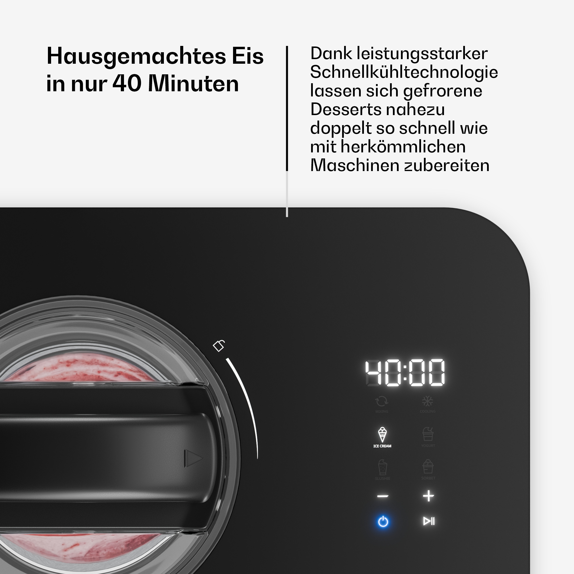 Nahaufnahme eines schwarzen Eisbereiters mit digitalem Display, das 40:00 anzeigt, und Text auf Deutsch.