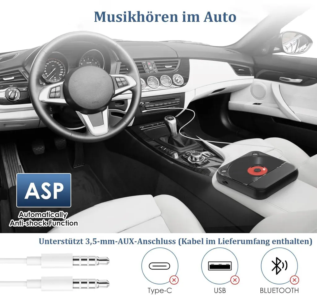 Ein portabler CD-Player ist über ein Kabel mit der Mittelkonsole eines Autos verbunden.