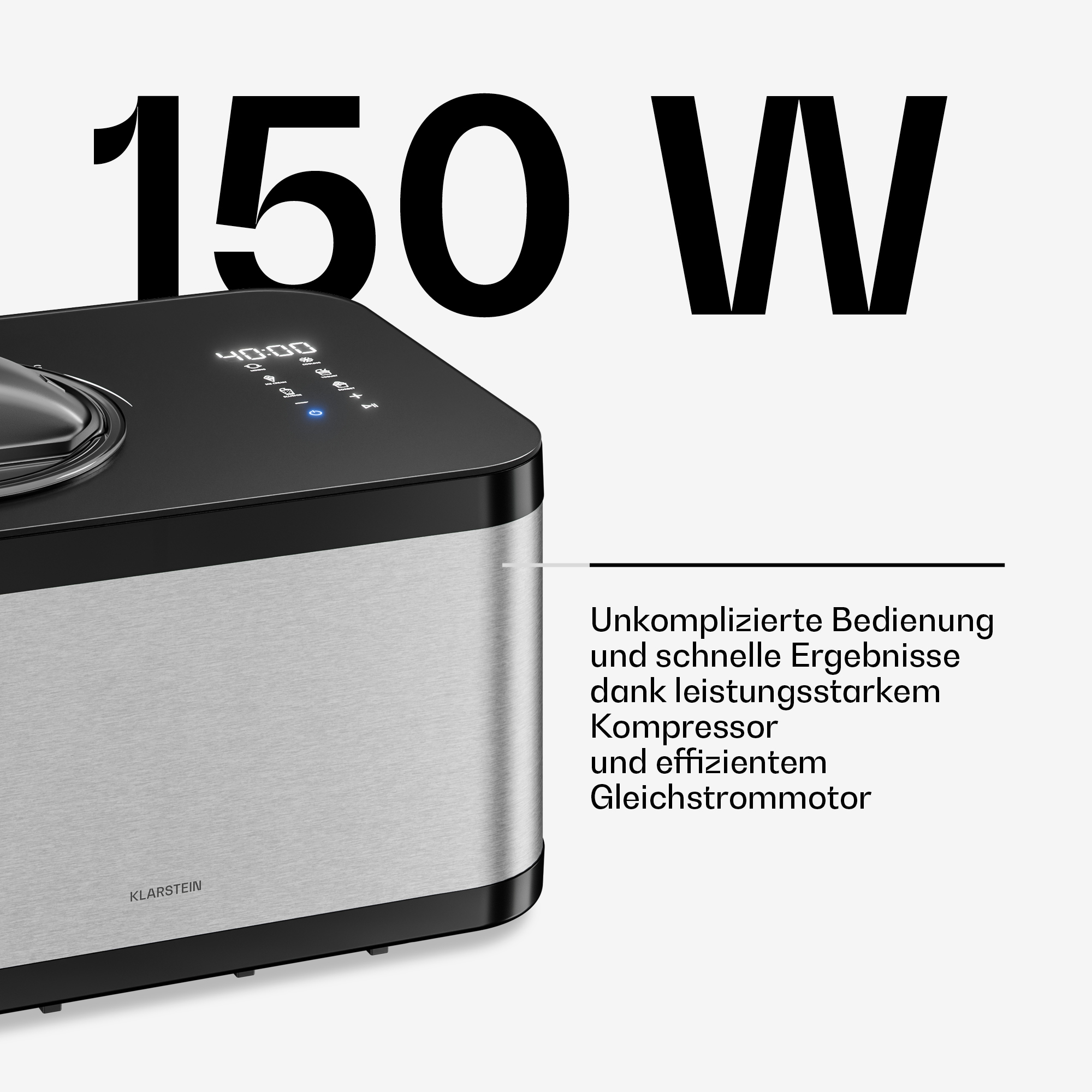 Klarstein Eismaschine mit 150W, digitalem Display und Edelstahlgehäuse.