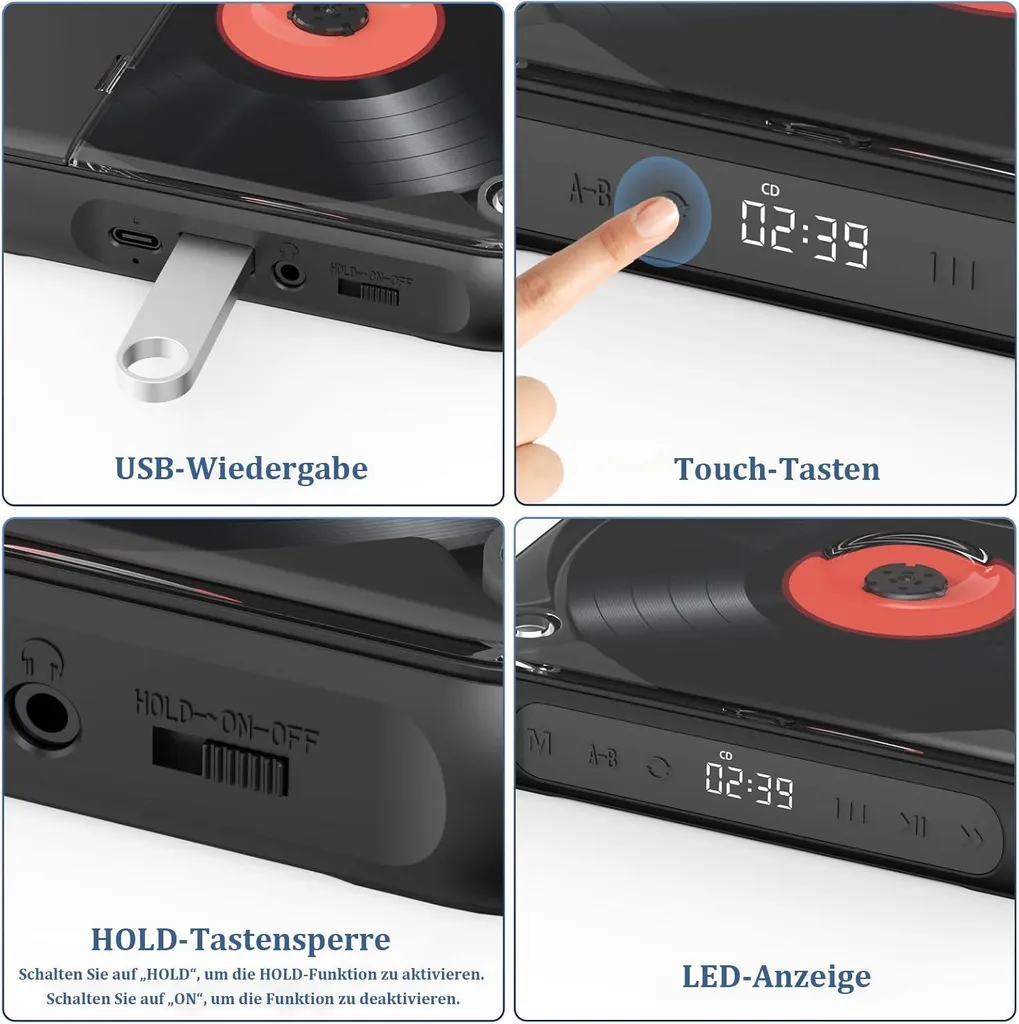 Vier Detailbilder zeigen die USB-Wiedergabe, Touch-Tasten, HOLD-Tastensperre und LED-Anzeige eines CD-Players.