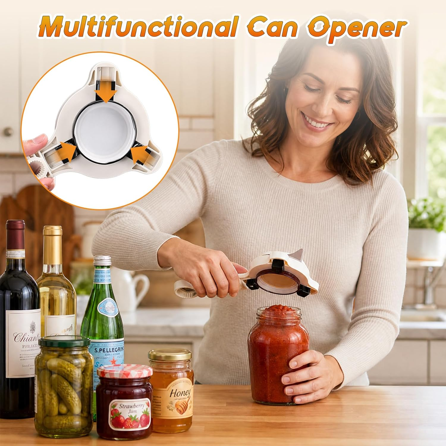 Eine Frau öffnet mit einem Multifunktionsöffner ein Glas Tomatensoße in einer hellen Küche.