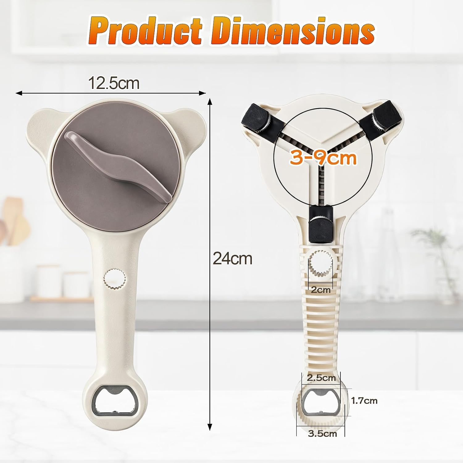 Produktabmessungen eines beigen Dosenöffners mit Maßen: 12,5 cm Breite, 24 cm Länge und verschiedenen Öffnungsgrößen.