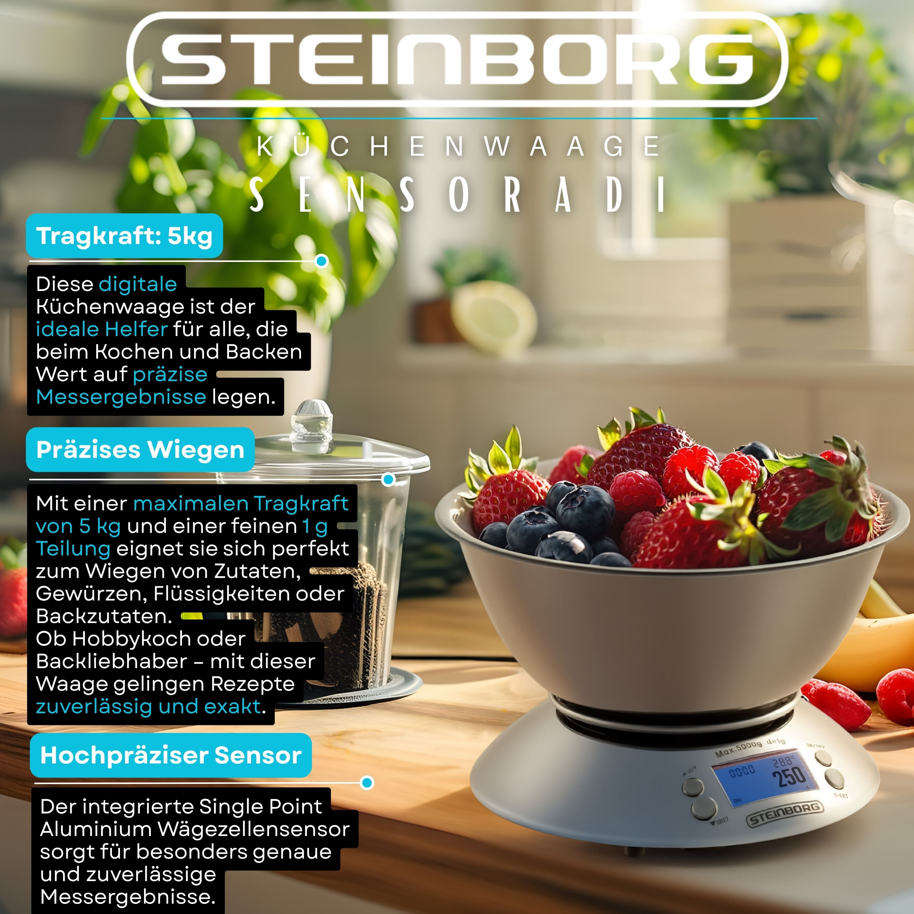 Steinborg Küchenwaage auf Holztisch mit gefüllter Schüssel voller Beeren und Textboxen.
