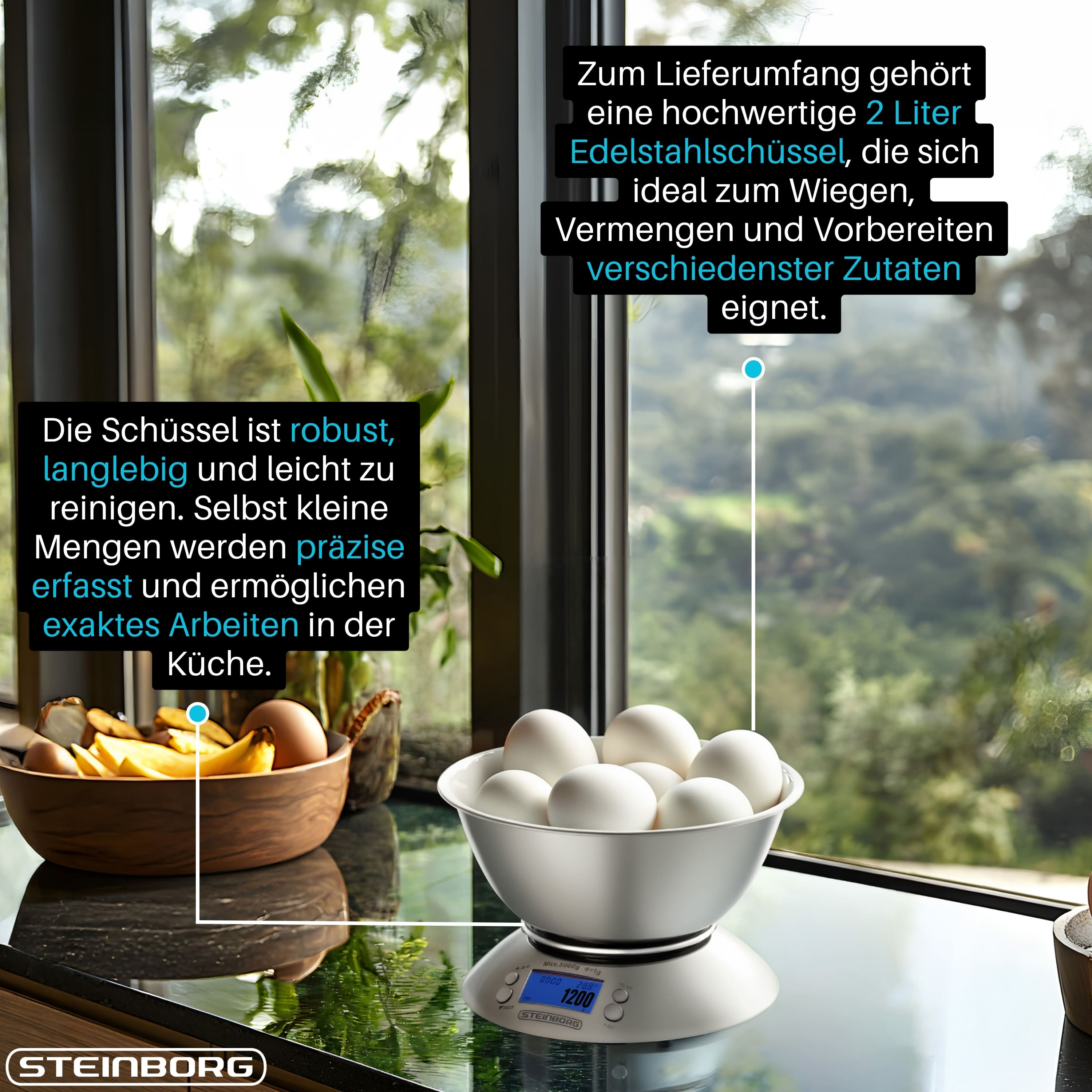 Eine digitale Küchenwaage mit Edelstahlschüssel voller Eier, mit Textboxen vor einem Fenster.