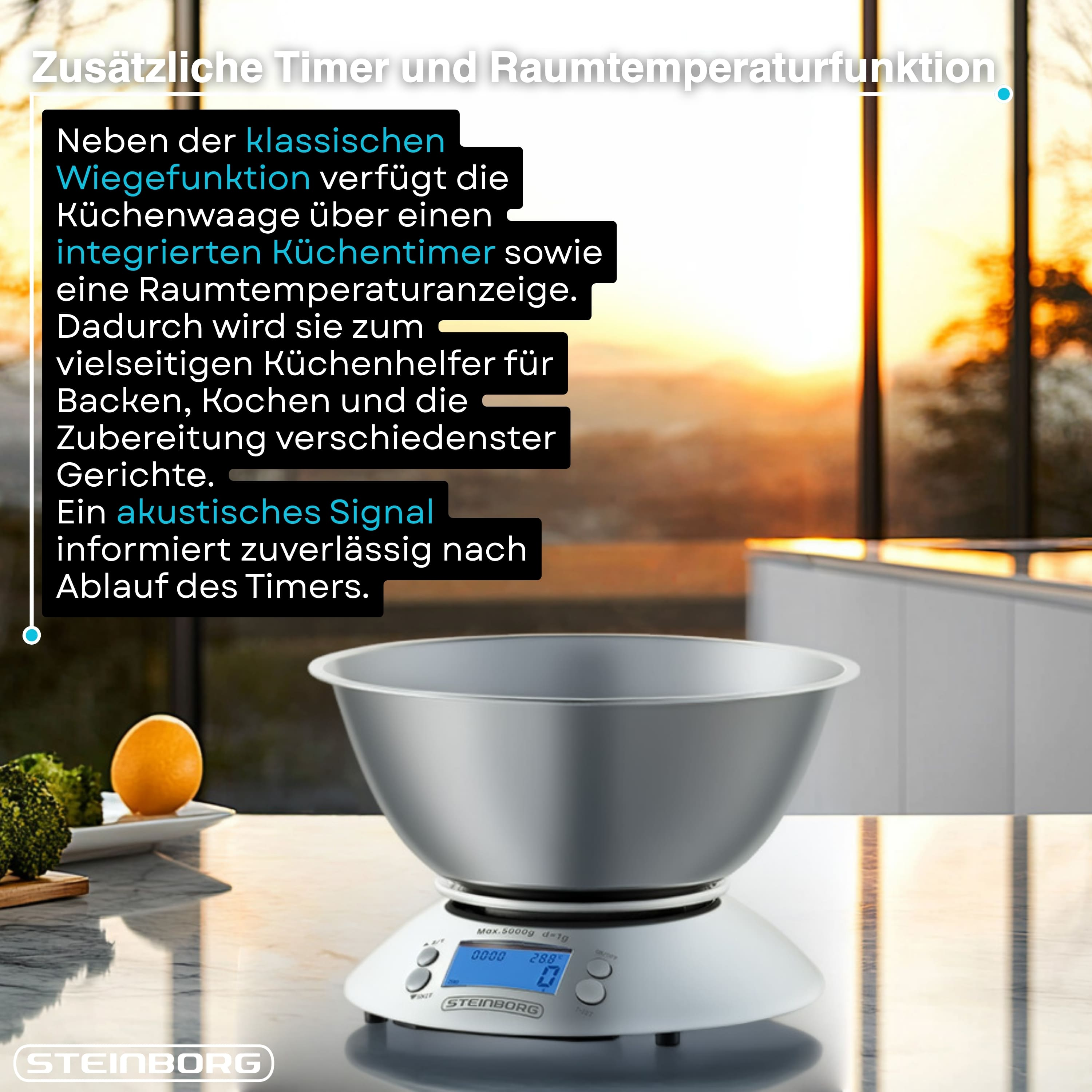 Eine silberne digitale Küchenwaage mit Schüssel auf einer Theke, mit Orange und Brokkoli, und deutschem Text.