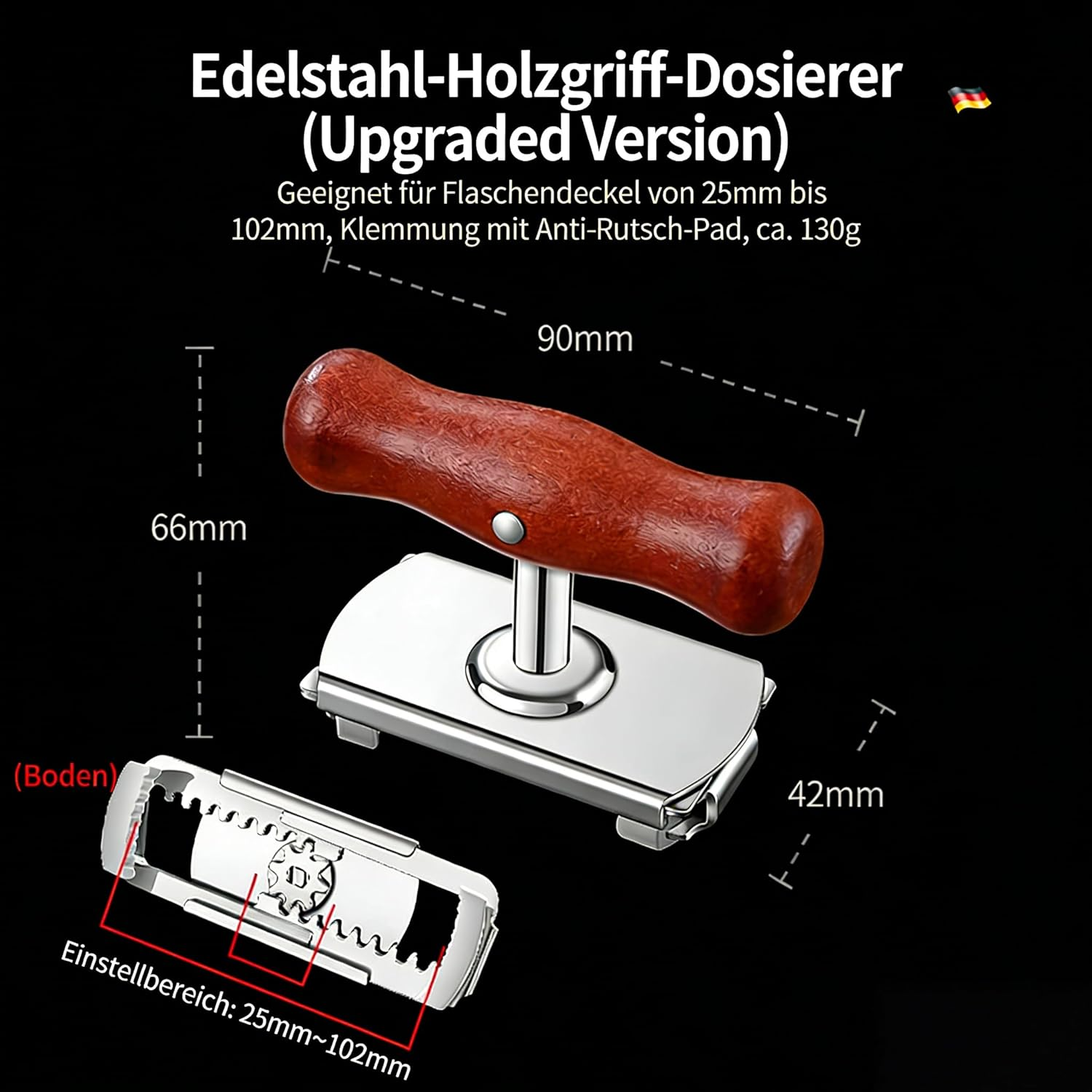 Edelstahl-Glasöffner mit Holzgriff, mit Maßen und Unteransicht auf schwarzem Hintergrund.