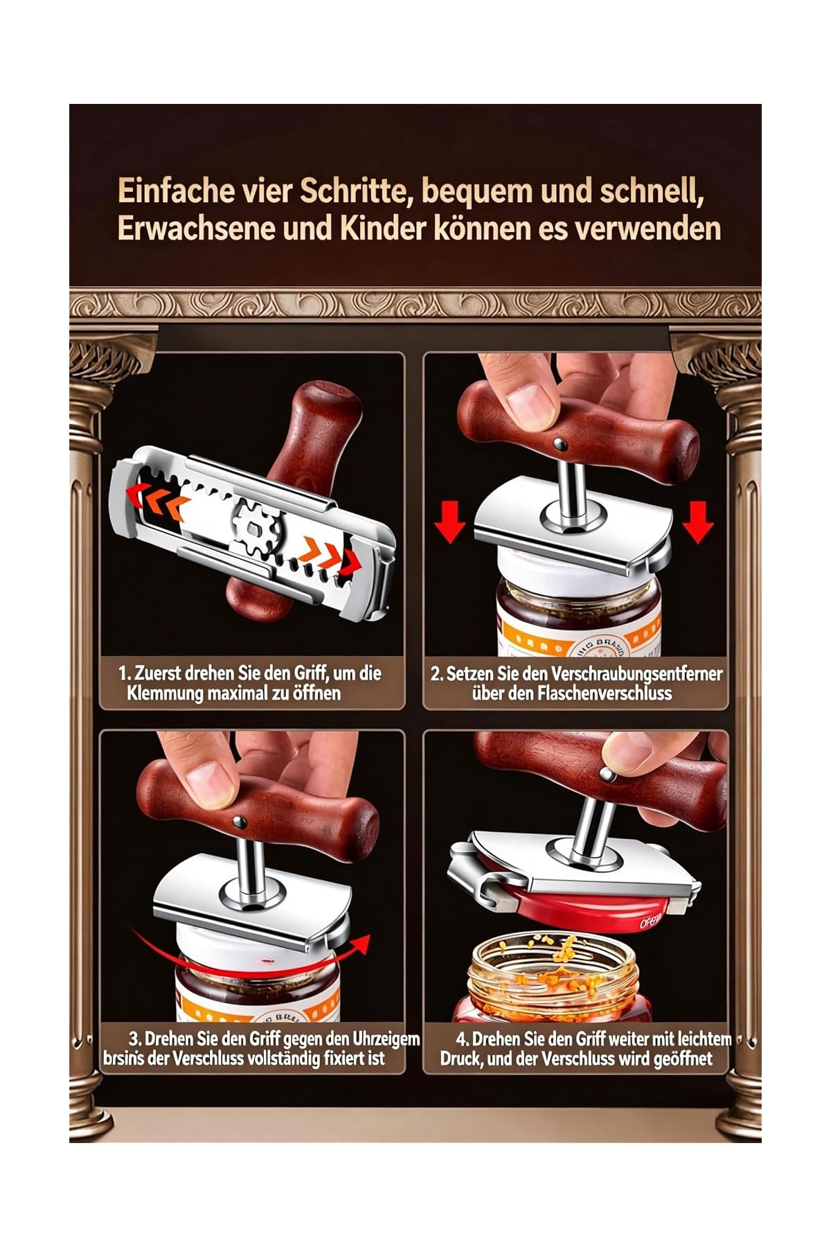 Anleitung in vier Schritten zur Verwendung eines Edelstahl-Glasöffners mit Holzgriff.