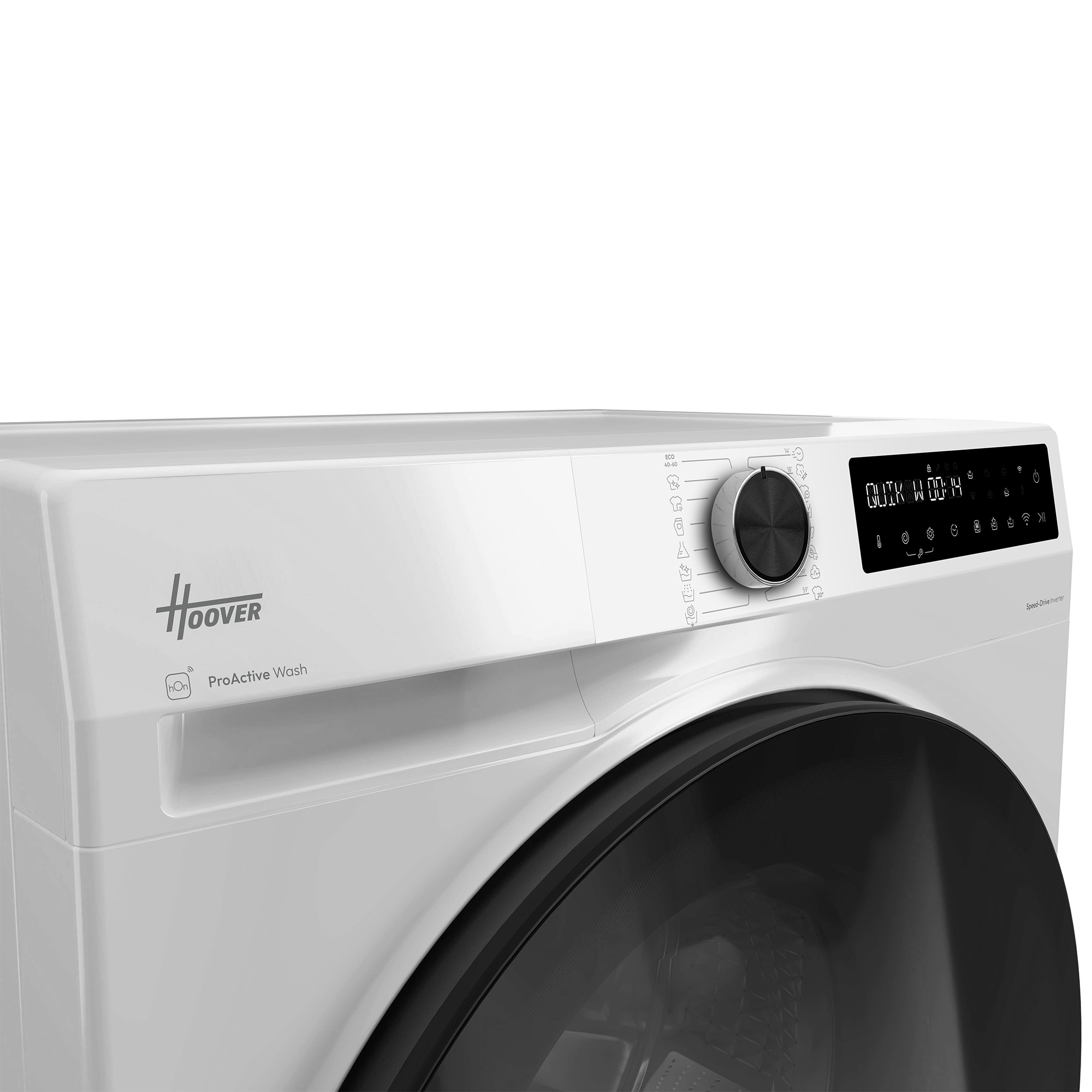 Weiße Hoover Waschmaschine mit Drehknopf und digitalem Display.
