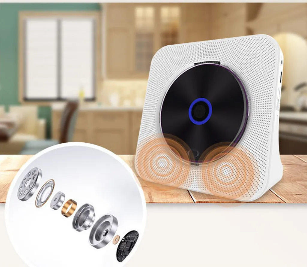 Ein weißer Wand-CD-Player steht auf einem Tisch, mit einer Vergrößerung seiner inneren Lautsprecherkomponenten.