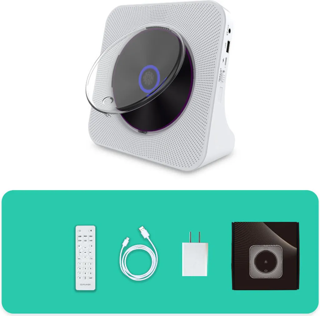Ein weißer tragbarer CD-Player mit transparenter Schutzabdeckung, Fernbedienung, USB-Kabel, Netzteil und Karton.