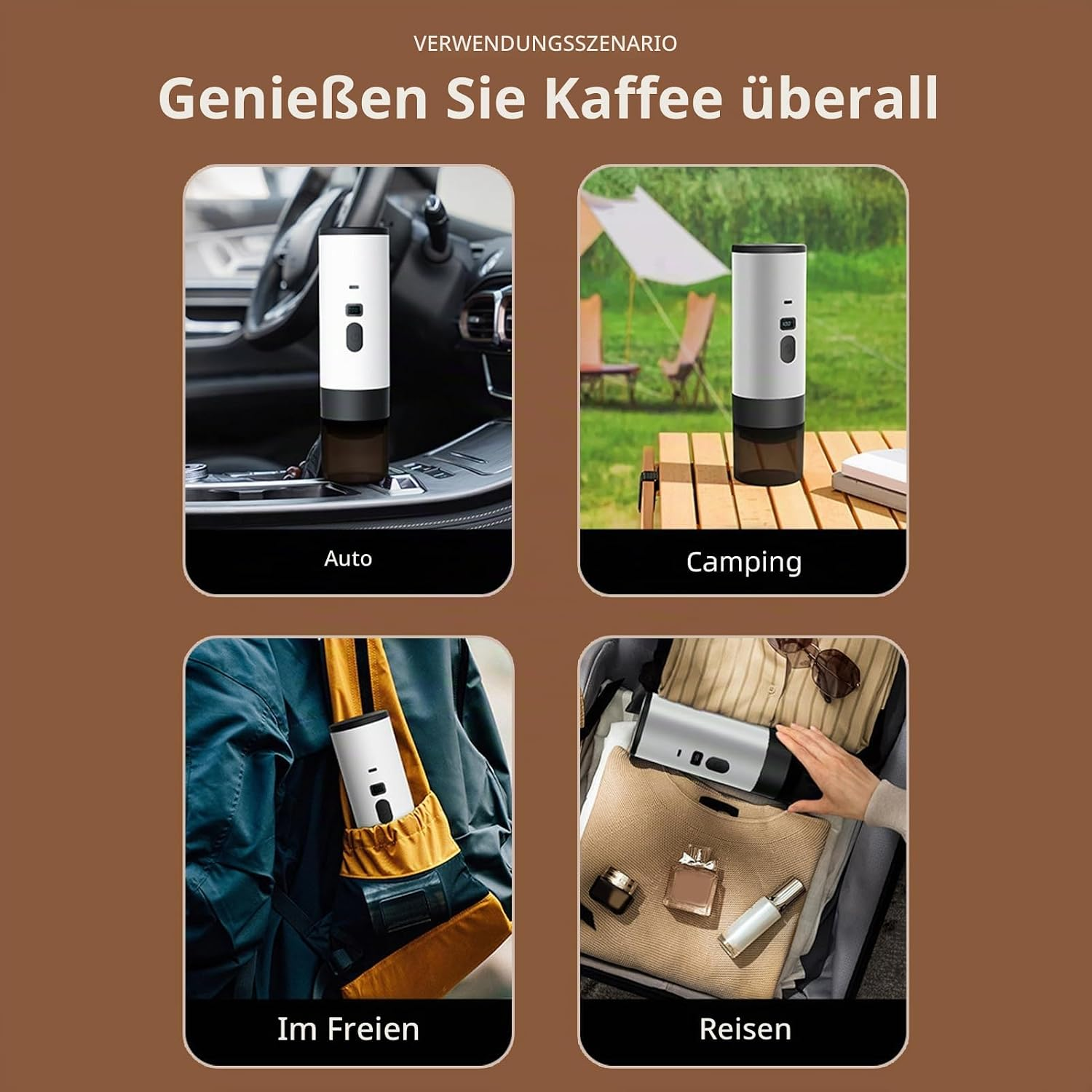 Tragbare Kaffeemaschine im Einsatz im Auto, beim Camping, im Rucksack und im Reisekoffer.