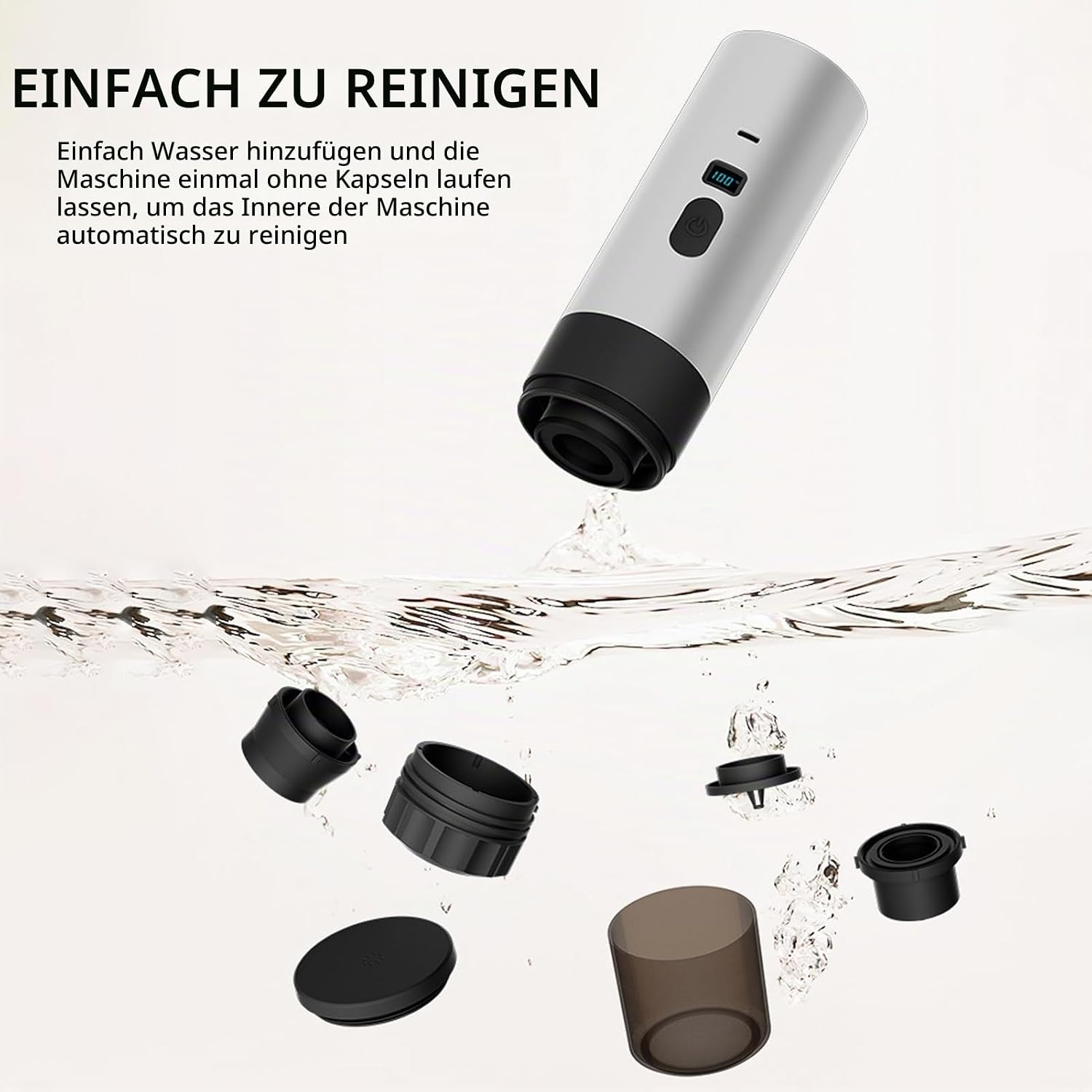 Eine tragbare Kaffeemaschine mit abnehmbaren Teilen, die unter Wasser gespült werden.