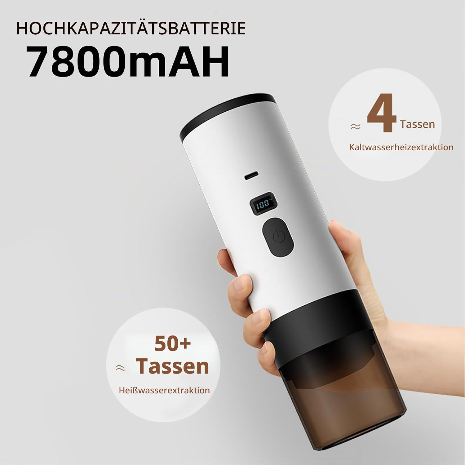Hand hält eine silberne Kaffeemaschine mit Display vor hellem Hintergrund mit Text.