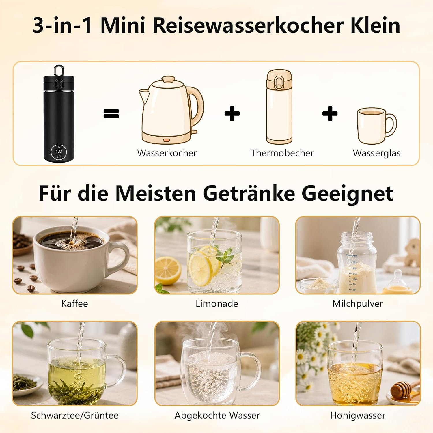 Ein schwarzer Mini-Reisewasserkocher ersetzt Wasserkocher, Thermobecher und Tasse für verschiedene Getränke.