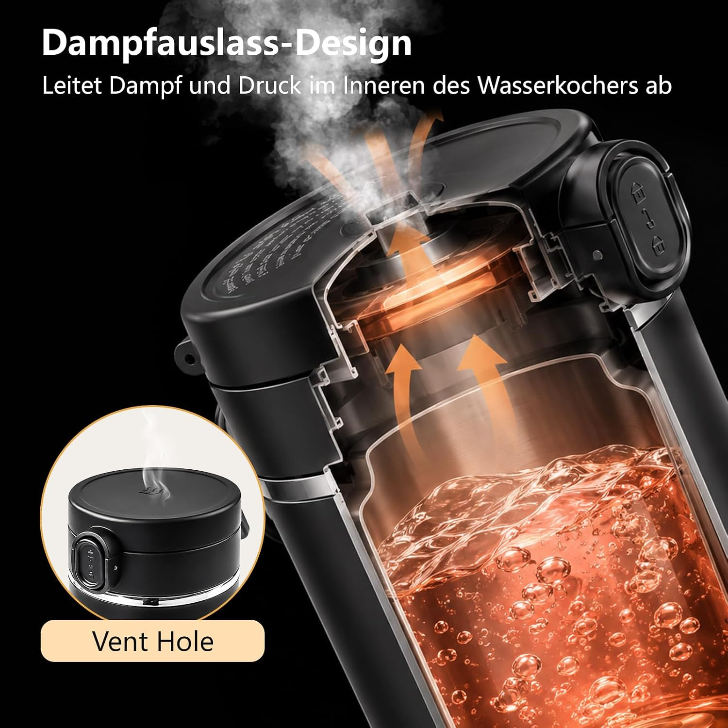 Schnittbild eines Wasserkochers mit Dampfauslass, der Dampf und Druck ableitet.