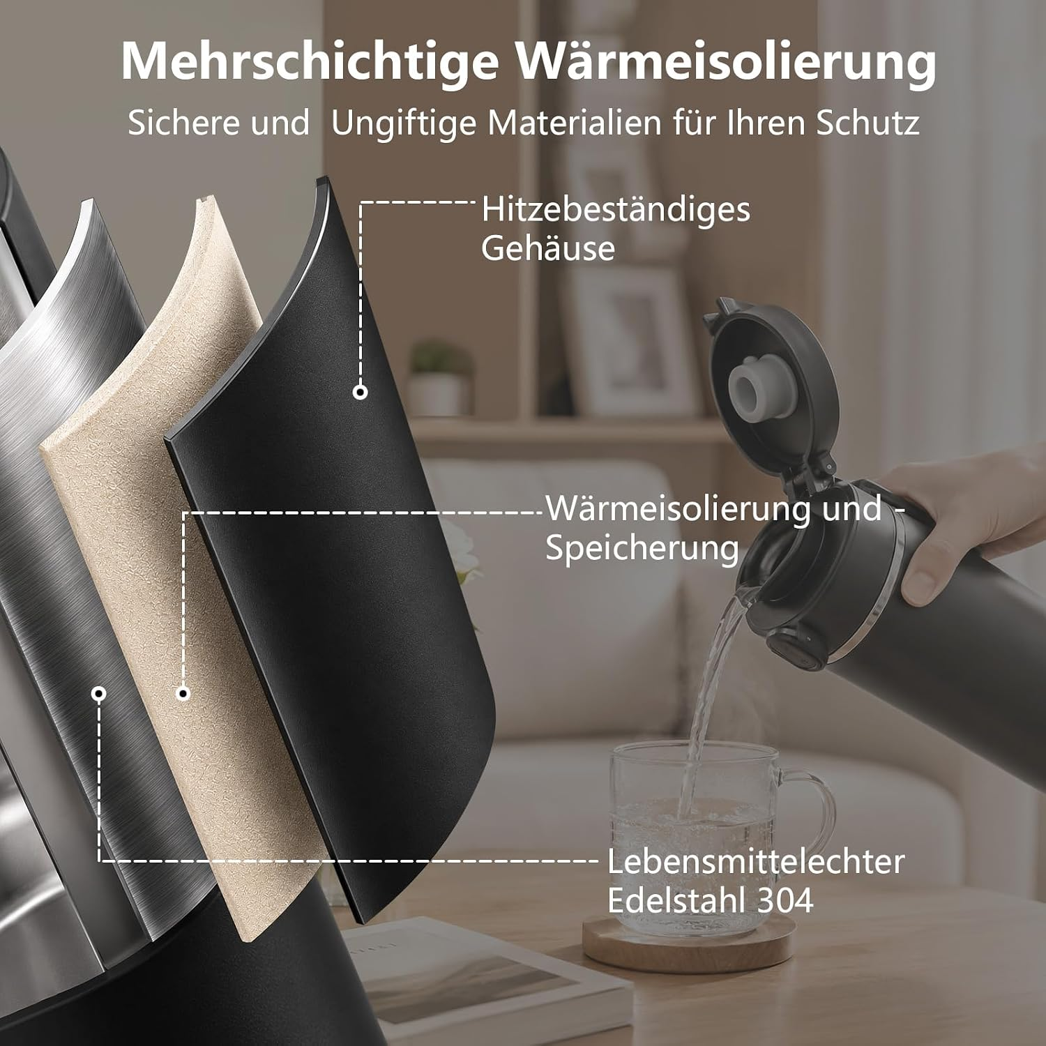 Diagramm zur mehrschichtigen Isolierung einer Thermoskanne, die Wasser in ein Glas gießt.