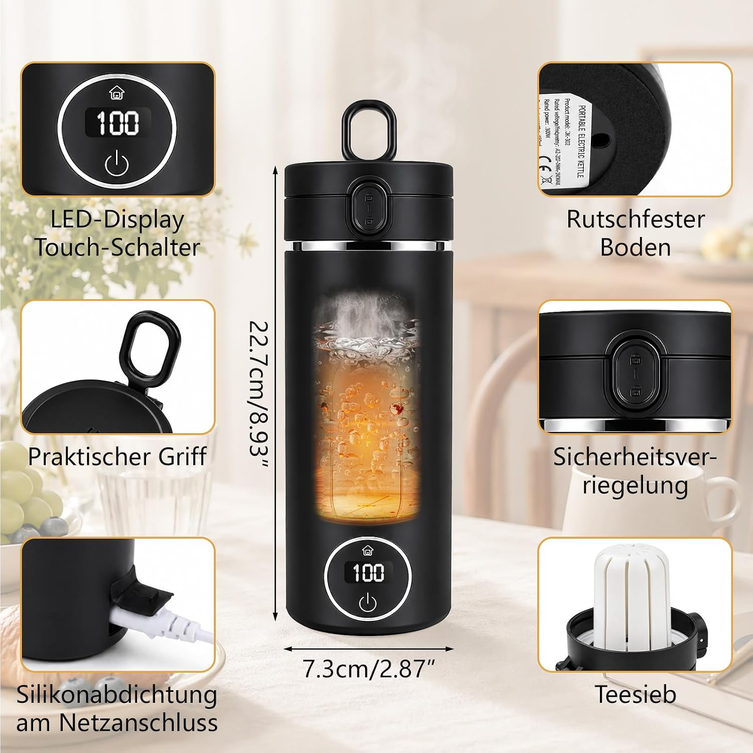 Schwarzer tragbarer elektrischer Wasserkocher mit digitalem Display, LED-Touch-Schalter und Zubehoerdetails.