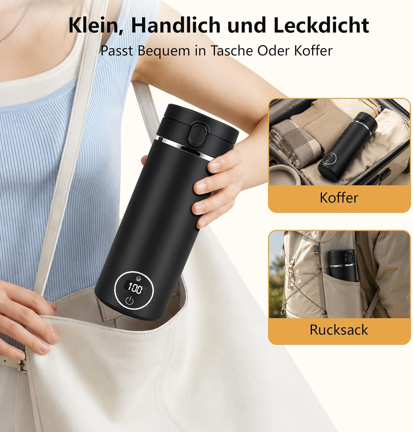 Eine Frau hält eine schwarze Thermoskanne, die in eine Tasche passt. Rechts Koffer und Rucksack.