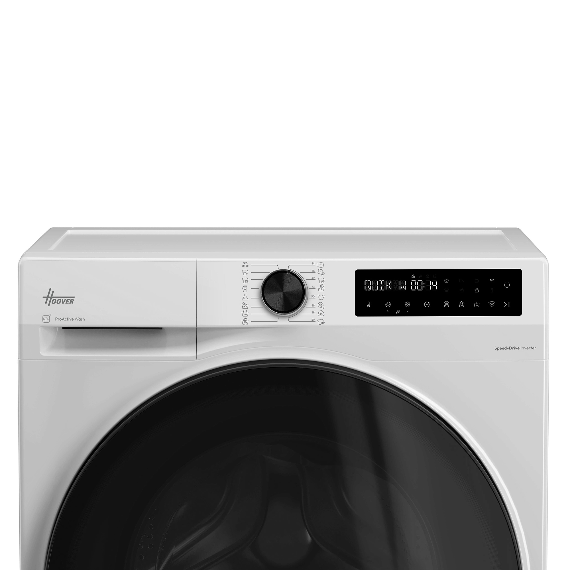 Weiße Hoover Waschmaschine mit Drehknopf, Digitaldisplay und schwarzem Bullauge vor weißem Hintergrund.
