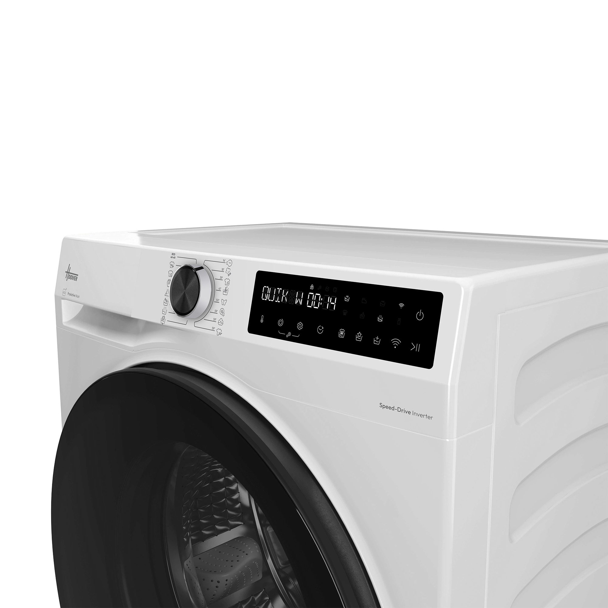 Eine weiße Waschmaschine mit schwarzem Bullauge, Programmwählknopf und einem digitalen Display auf der Oberseite.