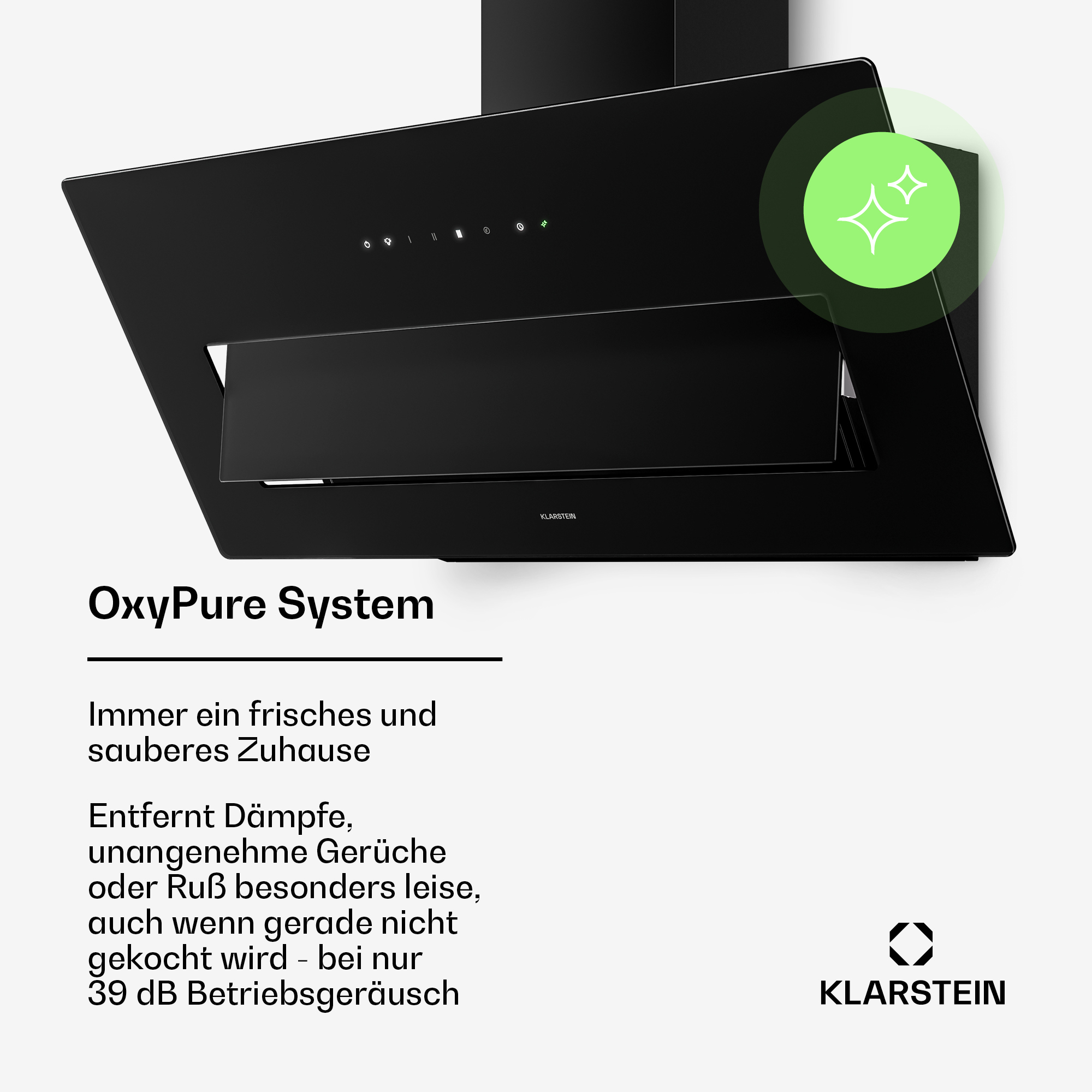 Schwarze Dunstabzugshaube mit OxyPure System und Textbeschreibung in deutscher Sprache.