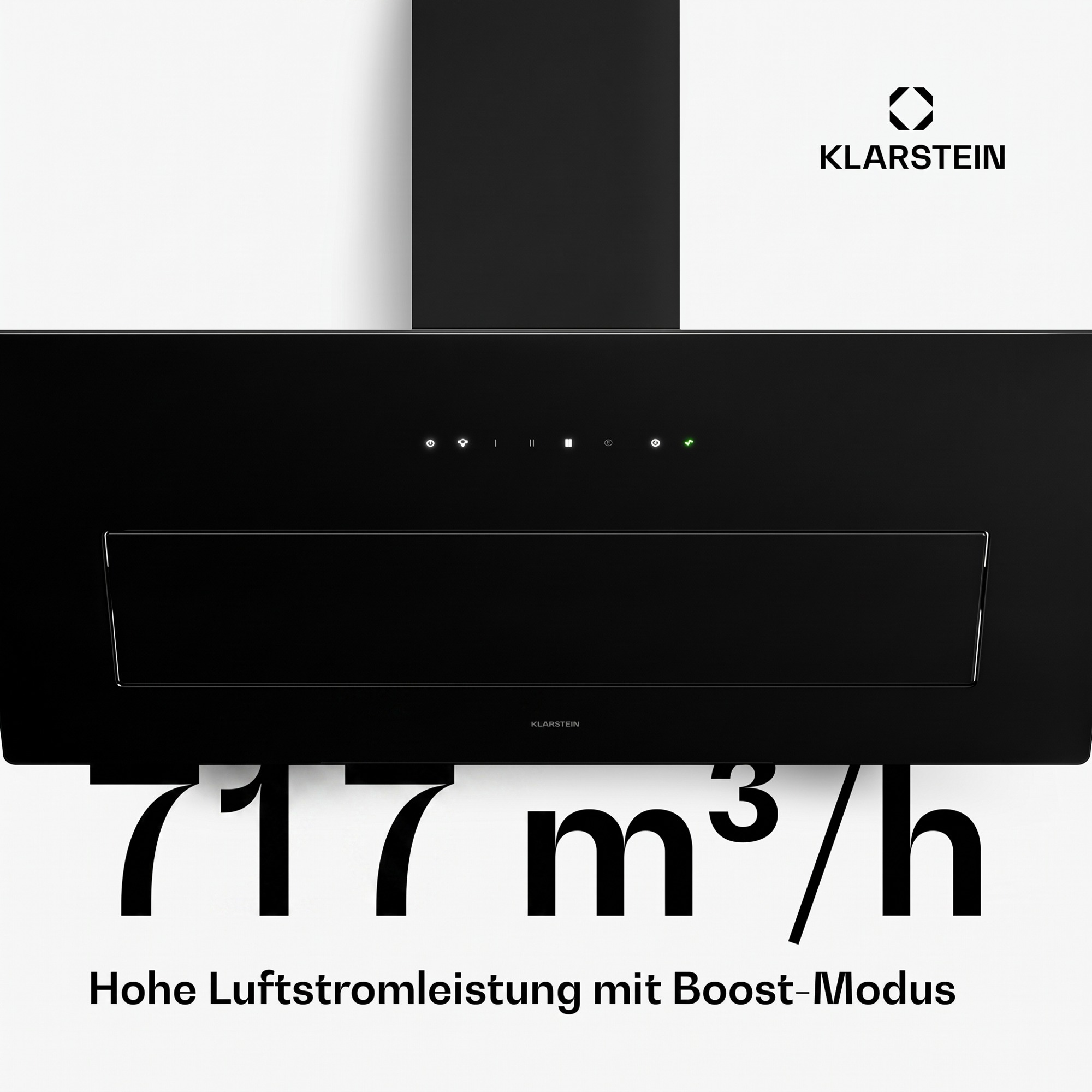 Schwarze Klarstein-Dunstabzugshaube auf hellem Hintergrund mit der Aufschrift 717 m3/h.
