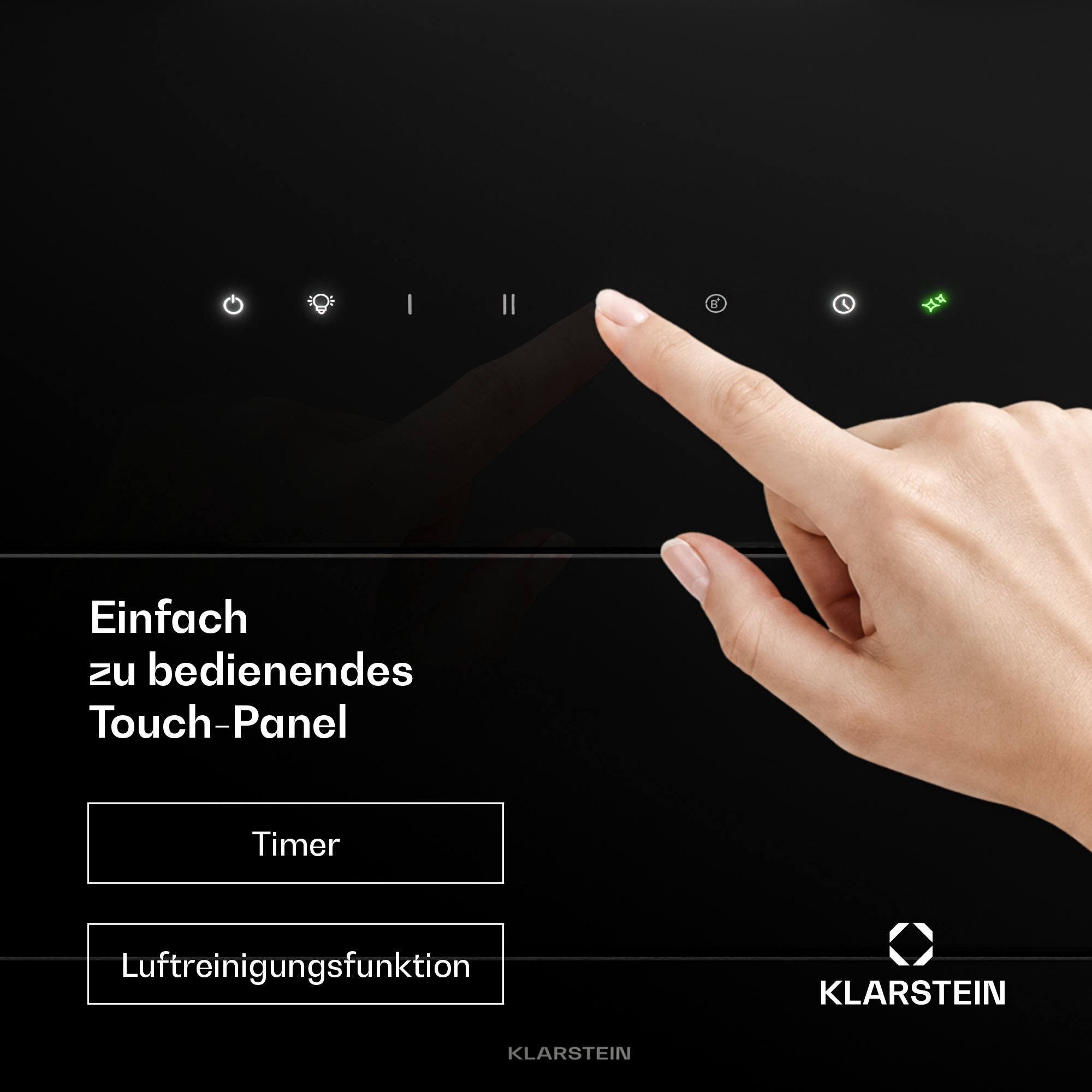 Eine Hand bedient das schwarze Touch-Panel eines Klarstein Geräts mit verschiedenen Leuchtsymbolen.