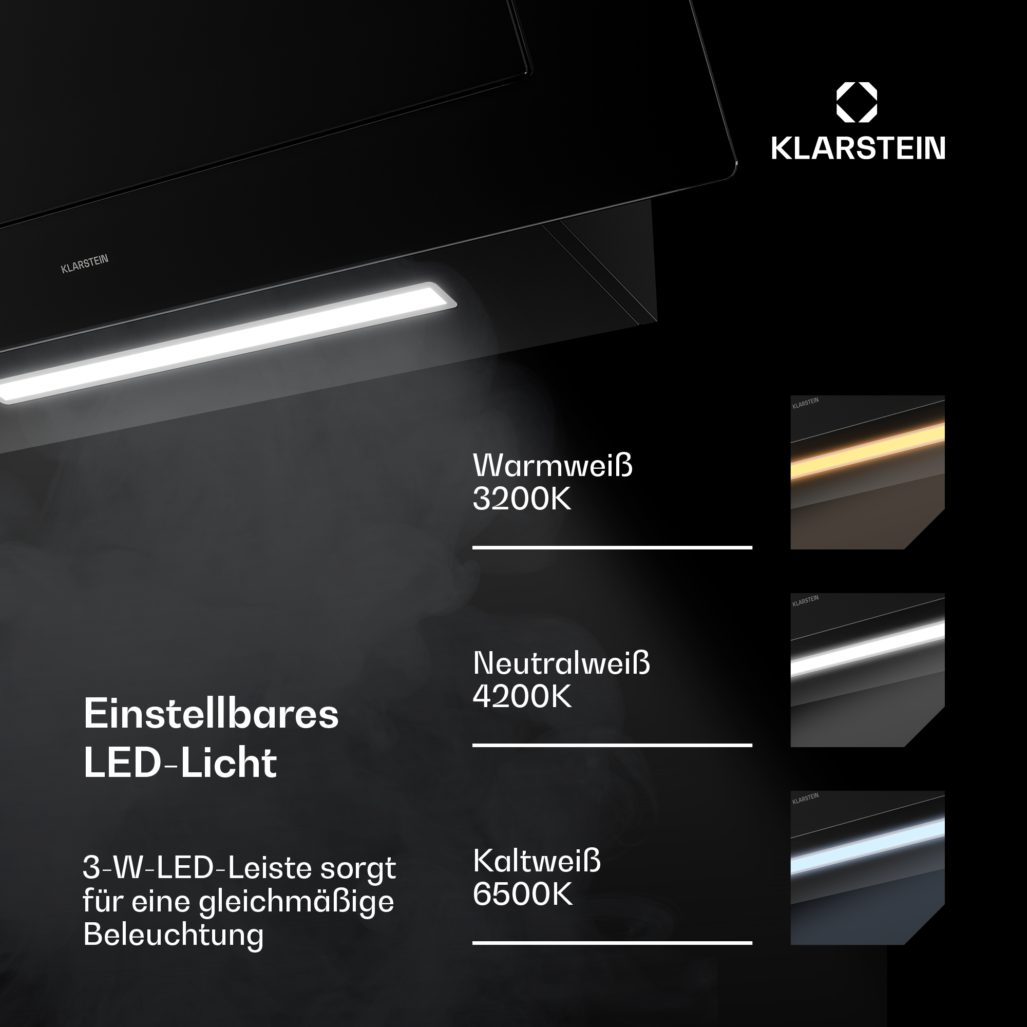 Klarstein Dunstabzugshaube mit einstellbarem LED-Licht in warmweiß, neutralweiß und kaltweiß auf schwarzem Hintergrund.