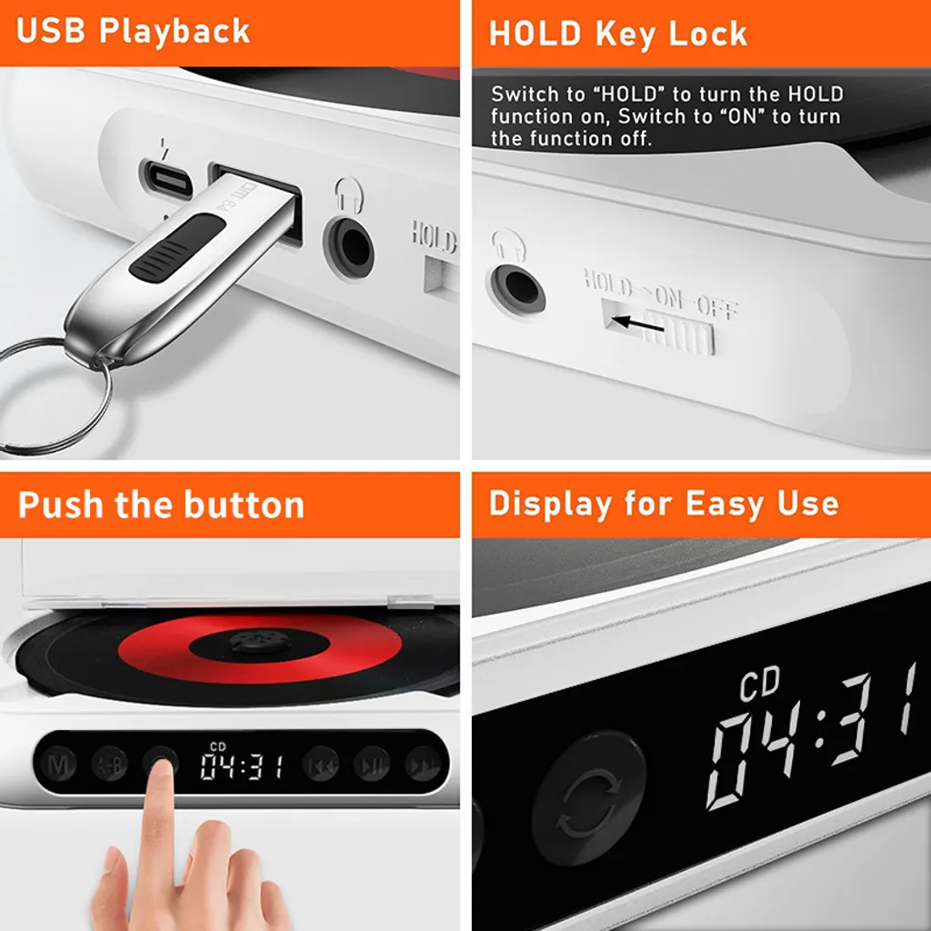 Vierteiliges Bild zeigt CD-Player-Funktionen: USB-Wiedergabe, Hold-Schalter, Knopfdruck und Displayanzeige.