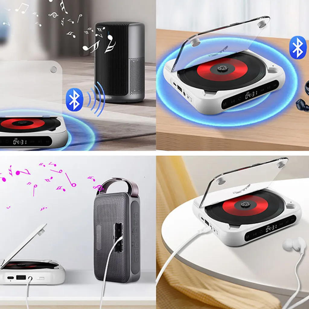 Vier Bilder eines weißen tragbaren CD-Players, der über Bluetooth mit Lautsprechern und Kopfhörern verbunden ist.