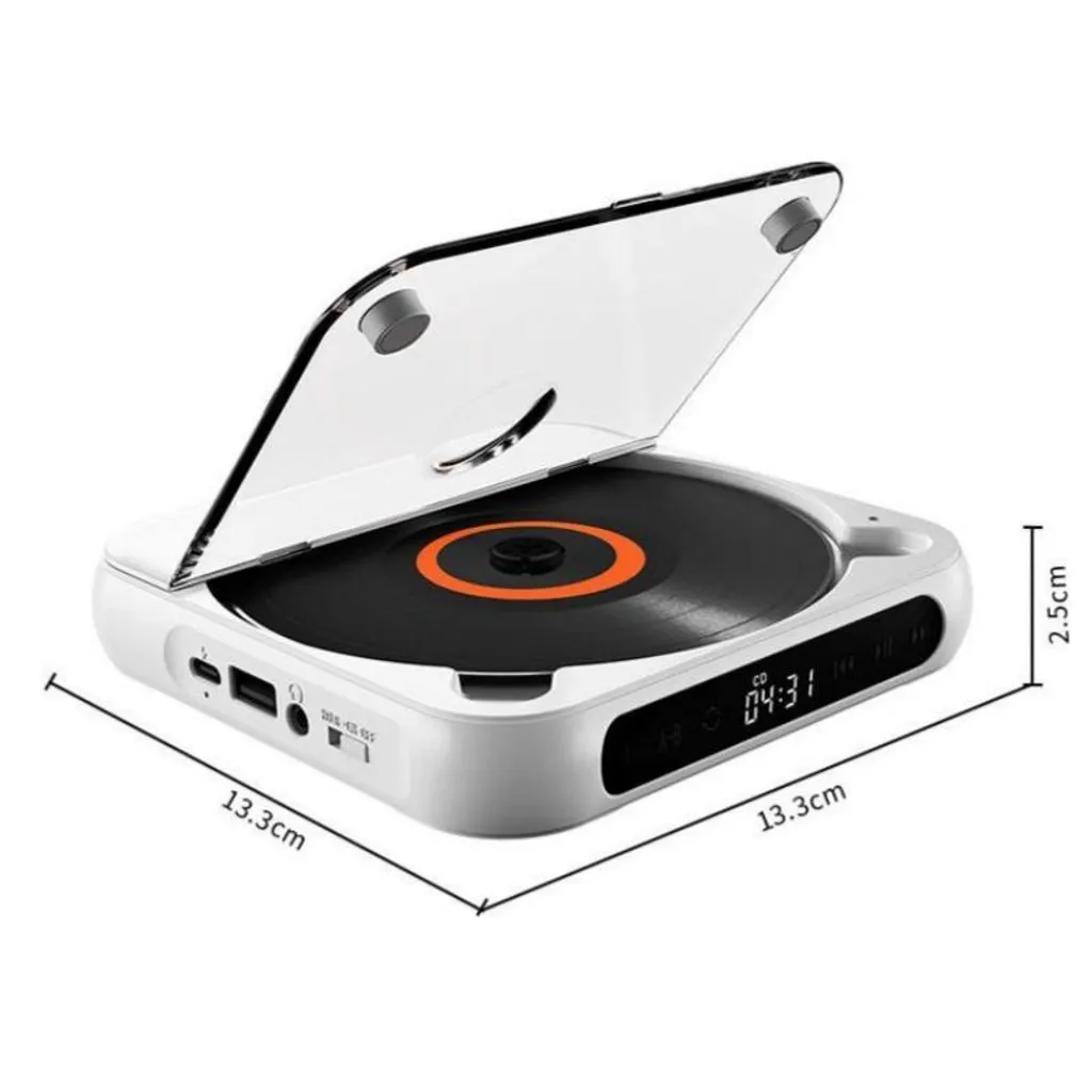 Tragbarer weißer CD-Player mit offener transparenter Abdeckung und Maßen von 13.3x13.3x2.5 cm.