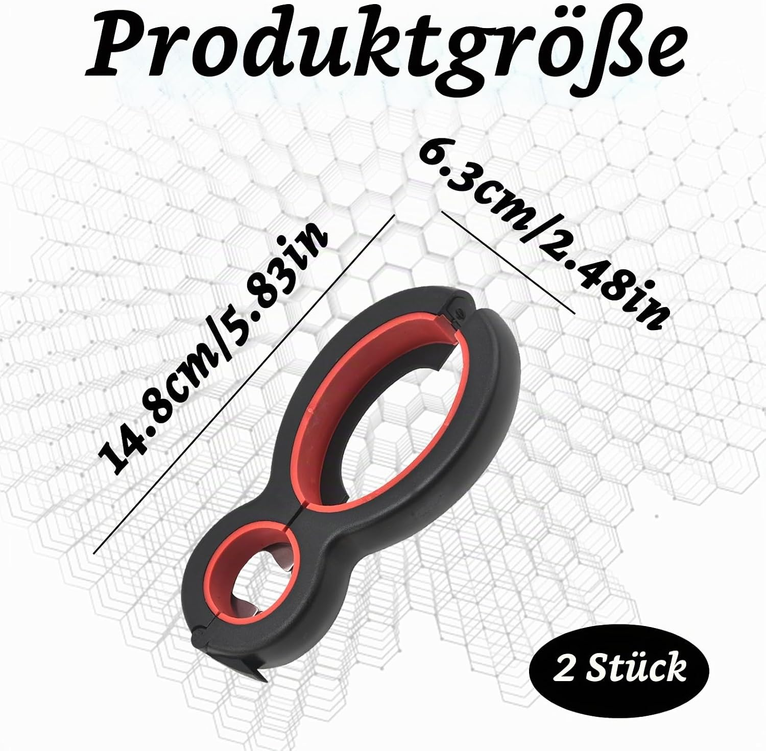 Produktgröße: Schwarzer und roter Multifunktions-Flaschenöffner mit Maßen von 14,8 cm und 6,3 cm.
