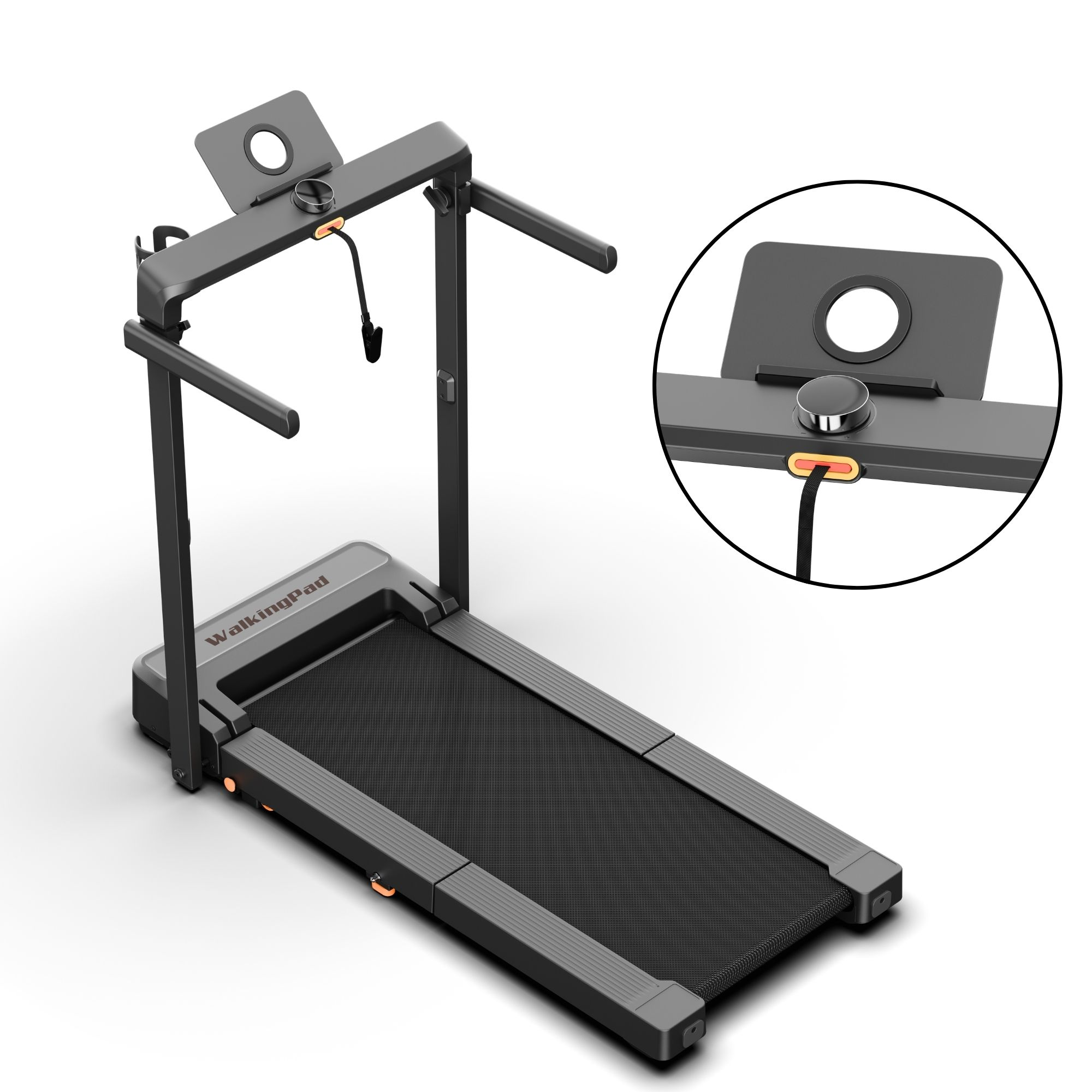 Una caminadora WalkingPad negra con asas plegables y un zoom circular en la consola.