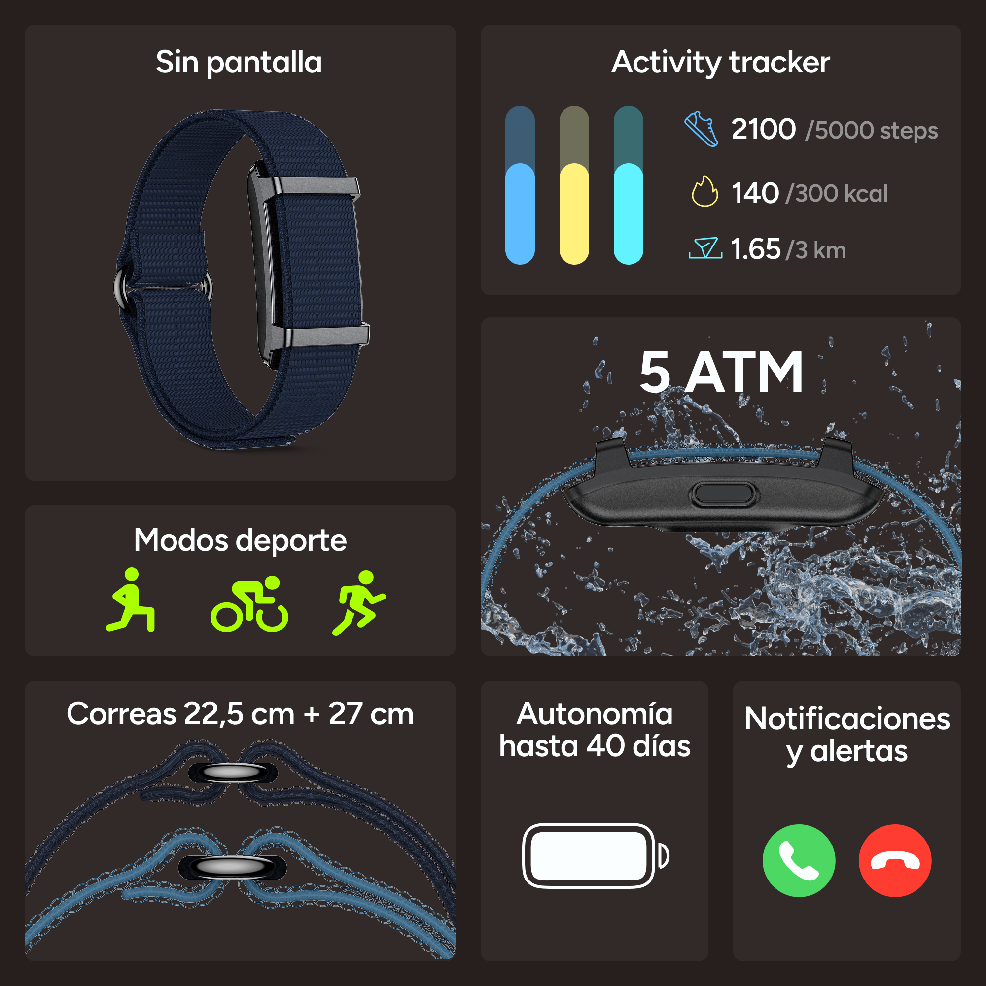 Pulsera de actividad con correa de nailon azul oscuro, datos de actividad, resistencia al agua y gran batería.