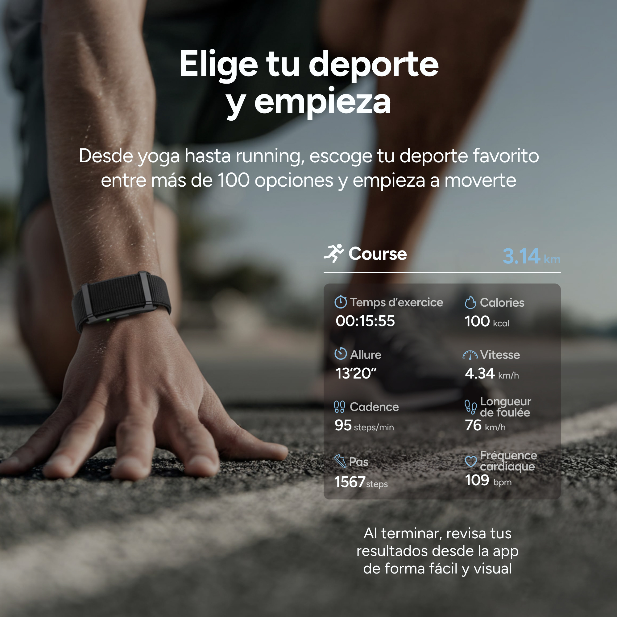Un corredor en la línea de salida con datos de actividad física.