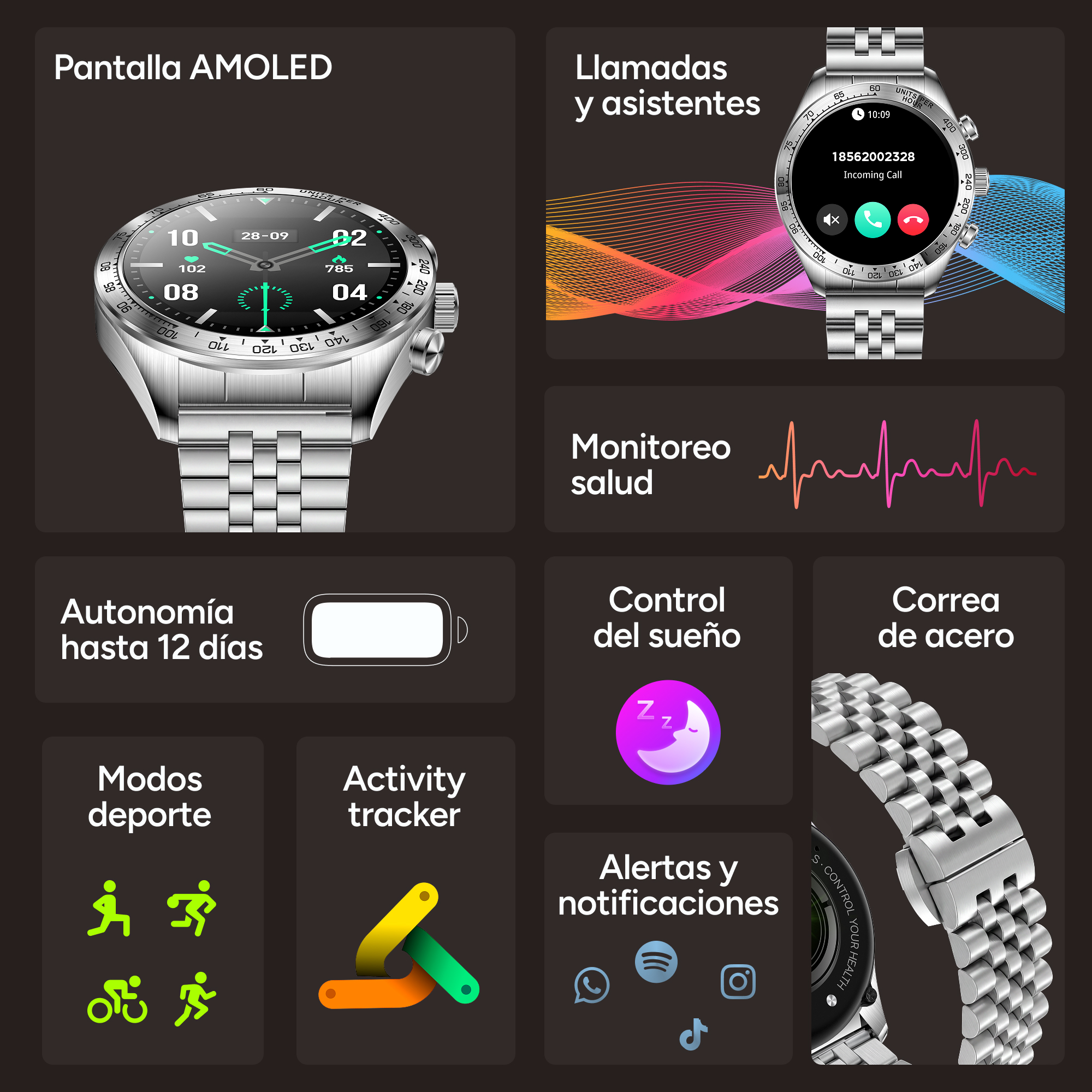 Anuncio de smartwatch con pantalla AMOLED, llamadas, control de salud, sueño, modos deportivos y correa de acero.