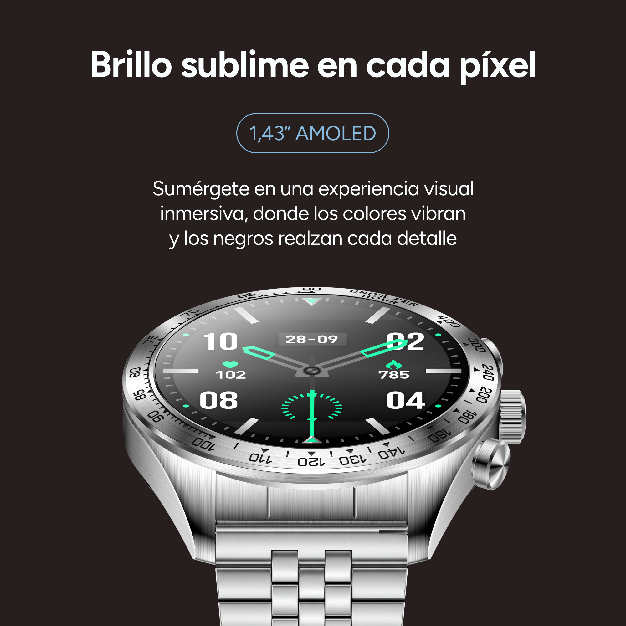 Imagen promocional de un reloj inteligente plateado con correa de metal y pantalla negra sobre fondo oscuro.