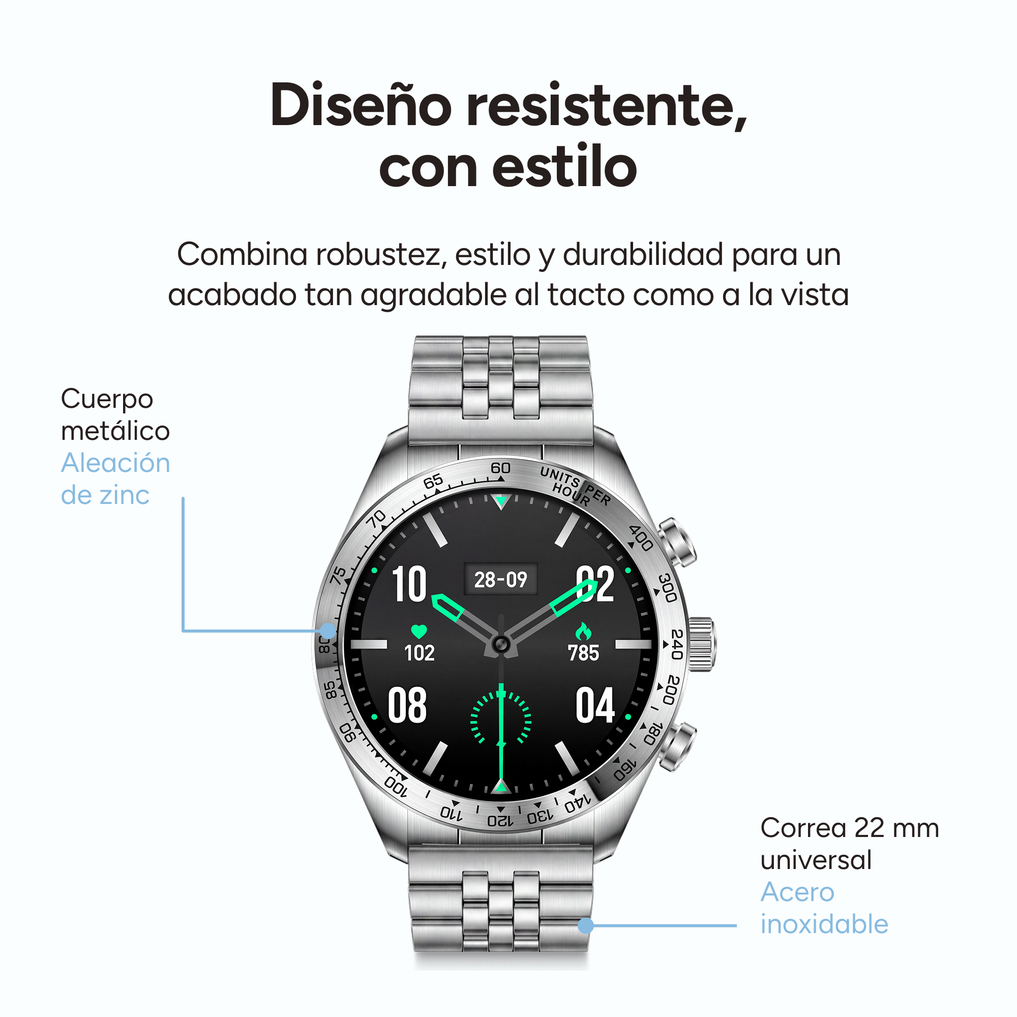 Un reloj inteligente plateado con correa metálica y bisel taquimétrico muestra la hora digital, frecuencia cardíaca y texto.