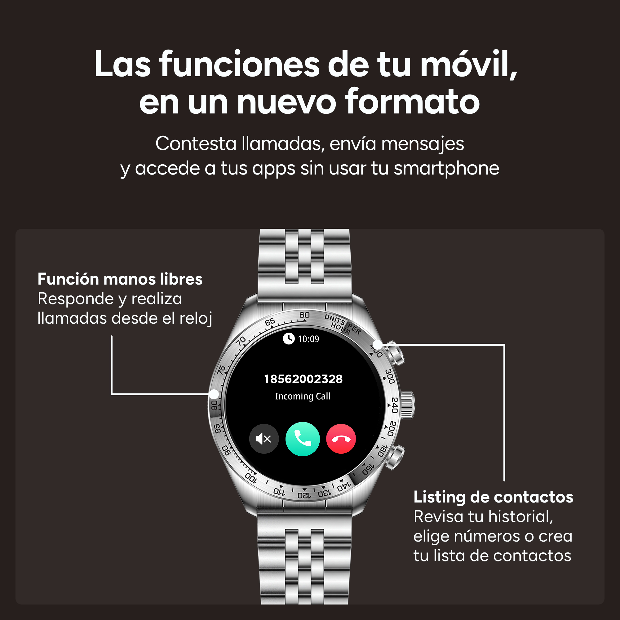 Un reloj inteligente con correa de metal plateada muestra una llamada entrante en su pantalla con texto en español.