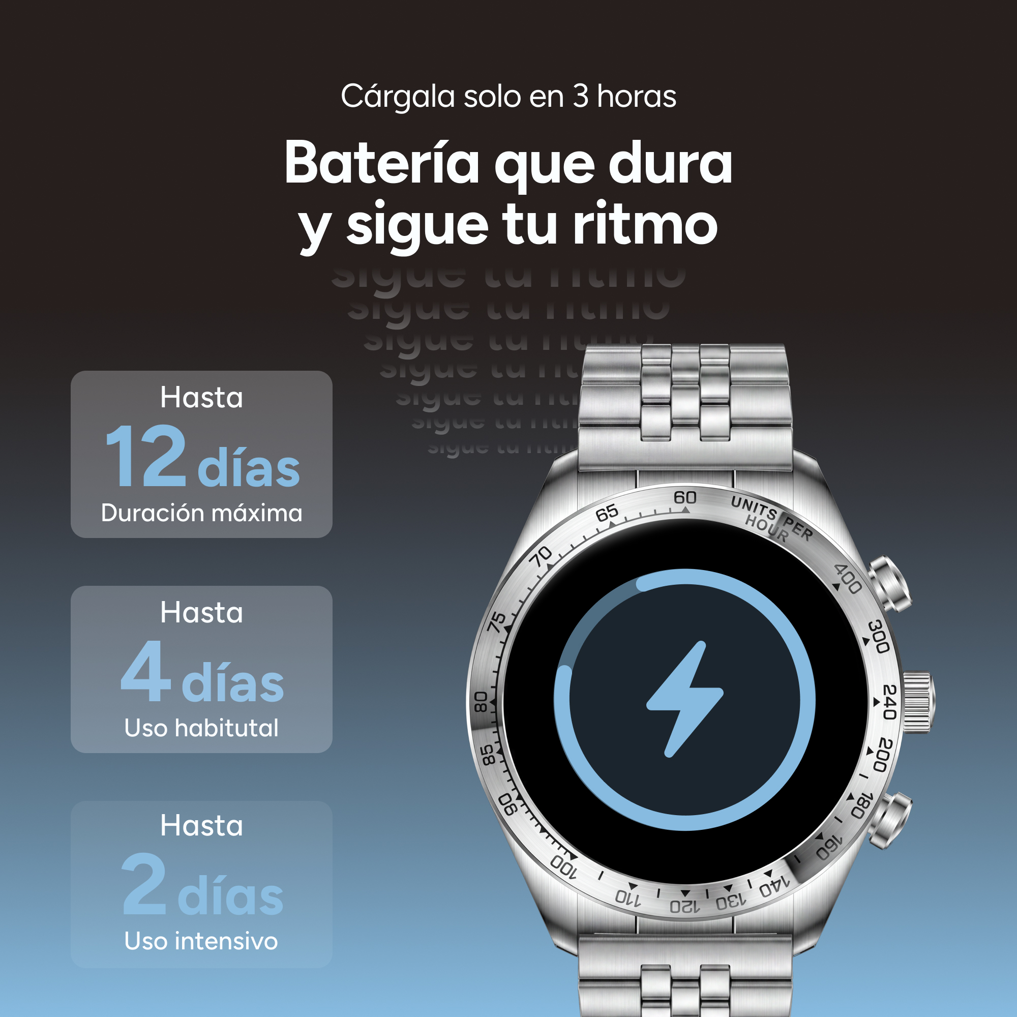 Un reloj inteligente plateado con detalles de batería y un icono de carga.