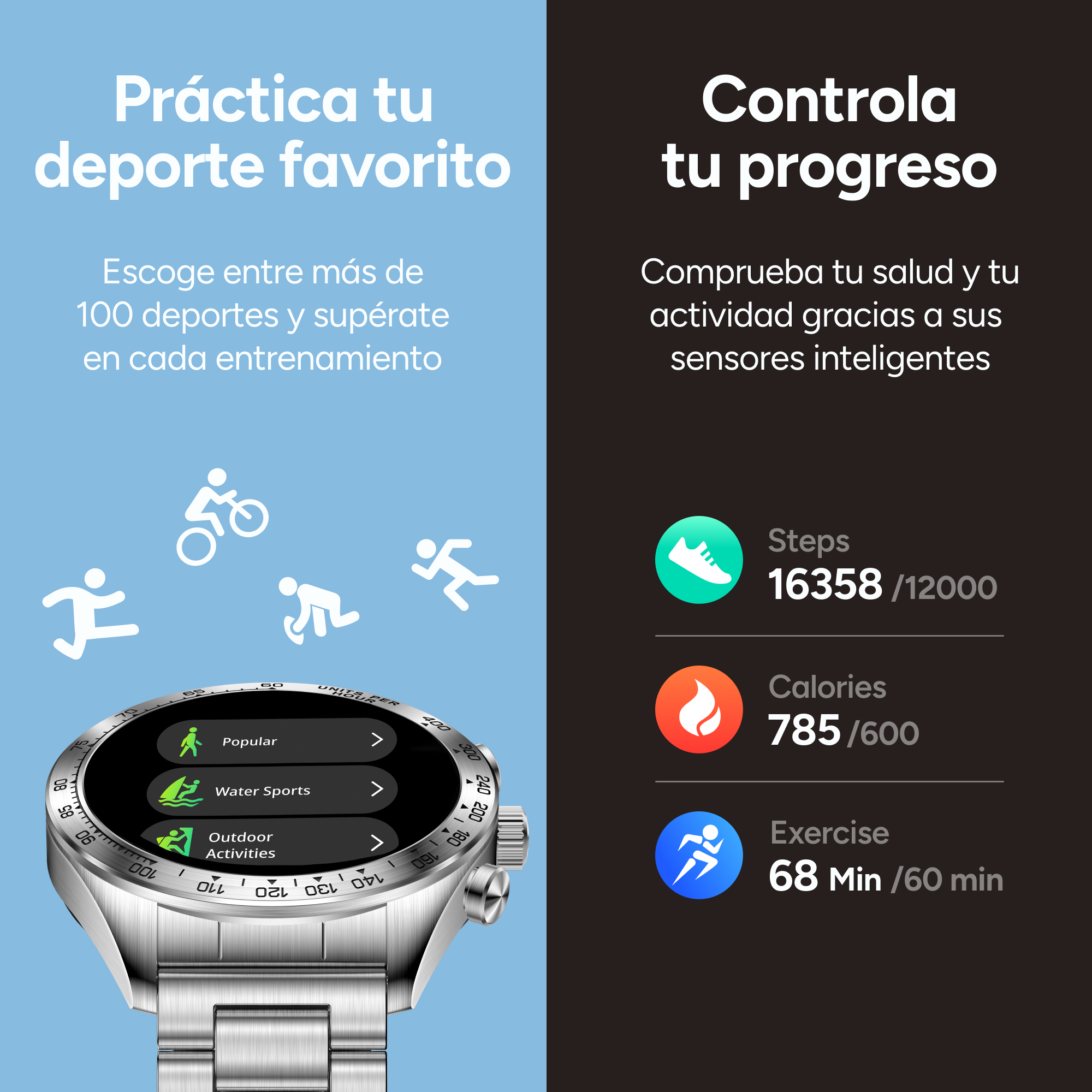 Reloj inteligente con correa metálica y UI deportiva, junto a estadísticas de salud.