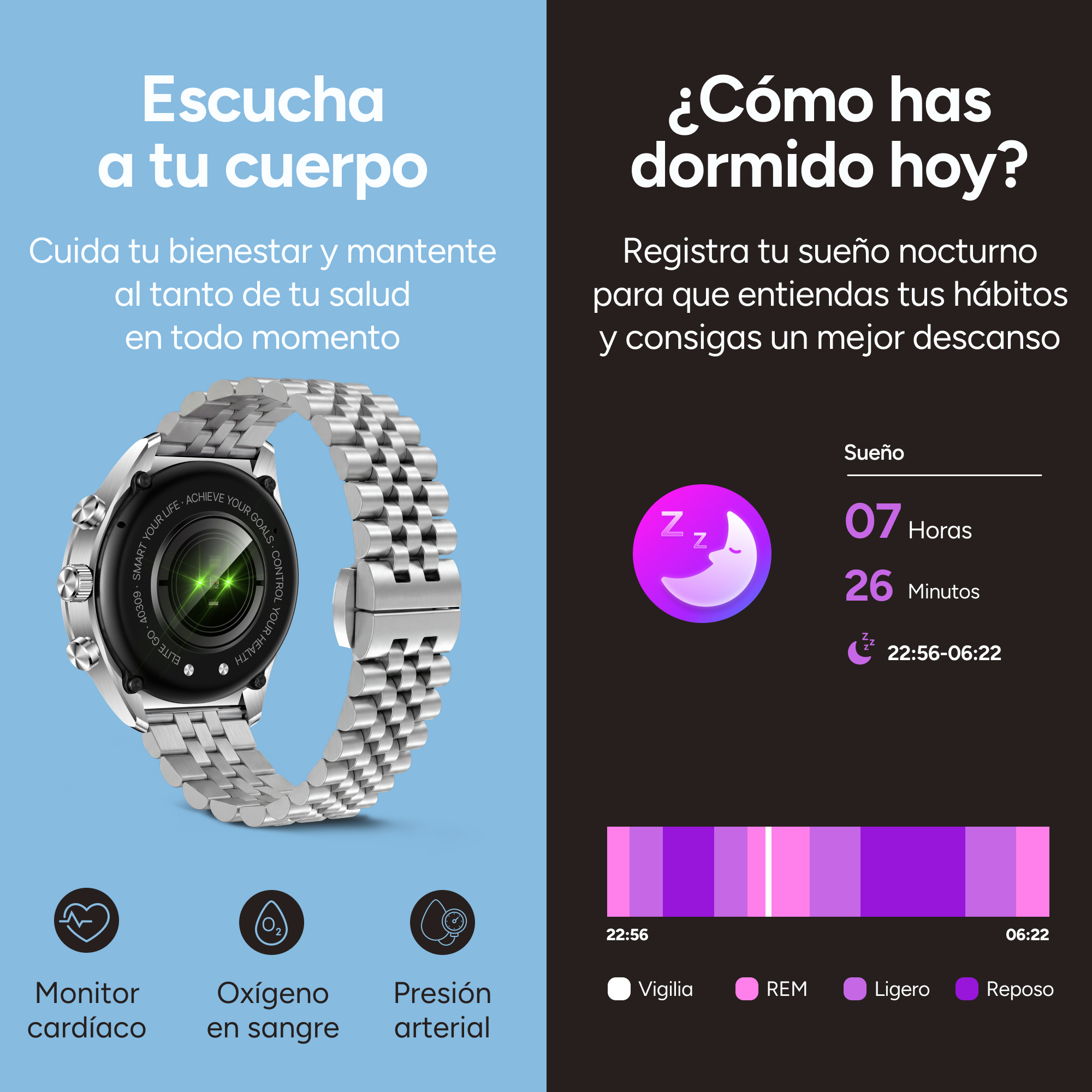 Un reloj inteligente con correa metálica plateada e iconos de frecuencia cardíaca, oxígeno y presión arterial sobre fondo azul.