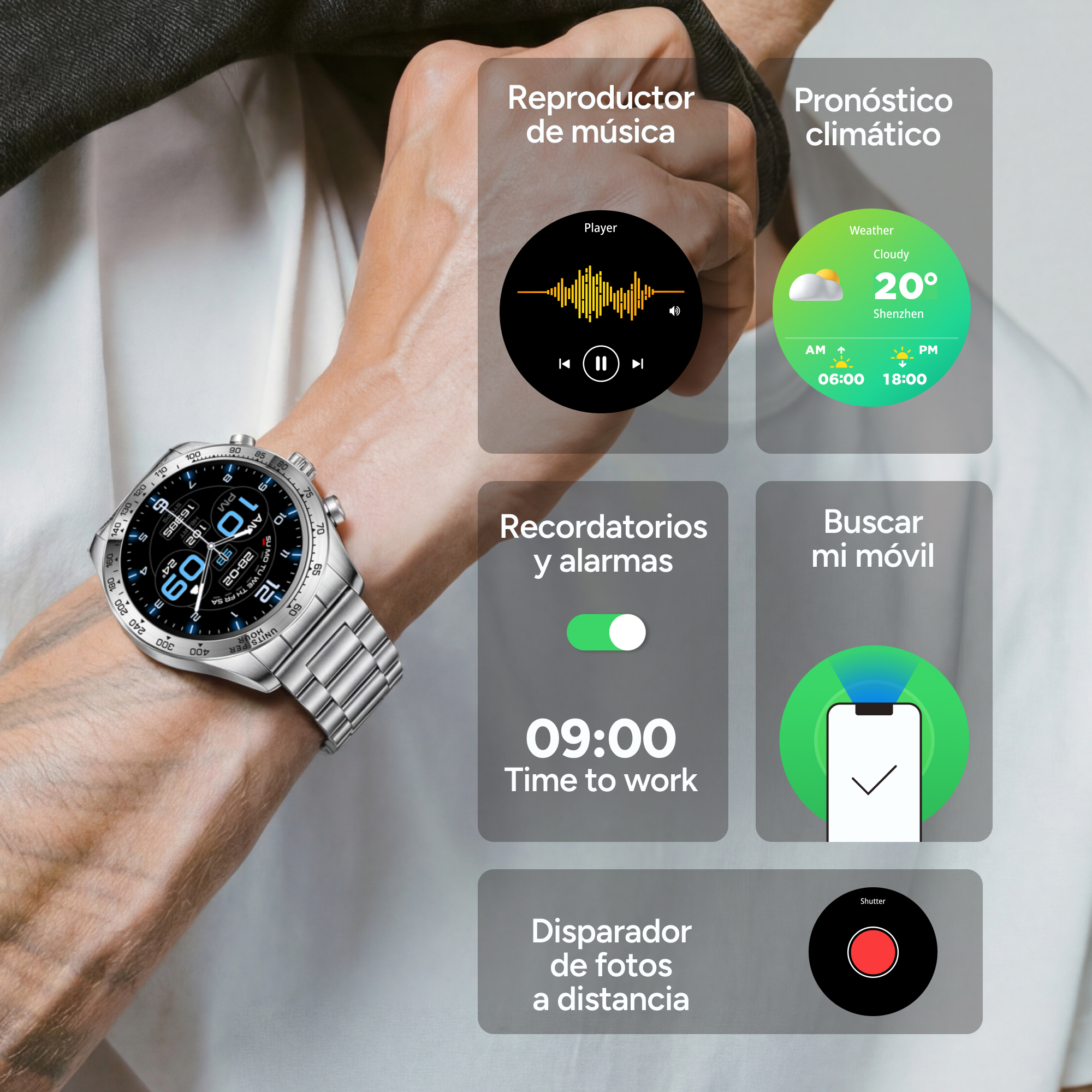 Reloj inteligente plateado en muñeca con iconos de música, clima, alarma, buscar móvil y cámara.