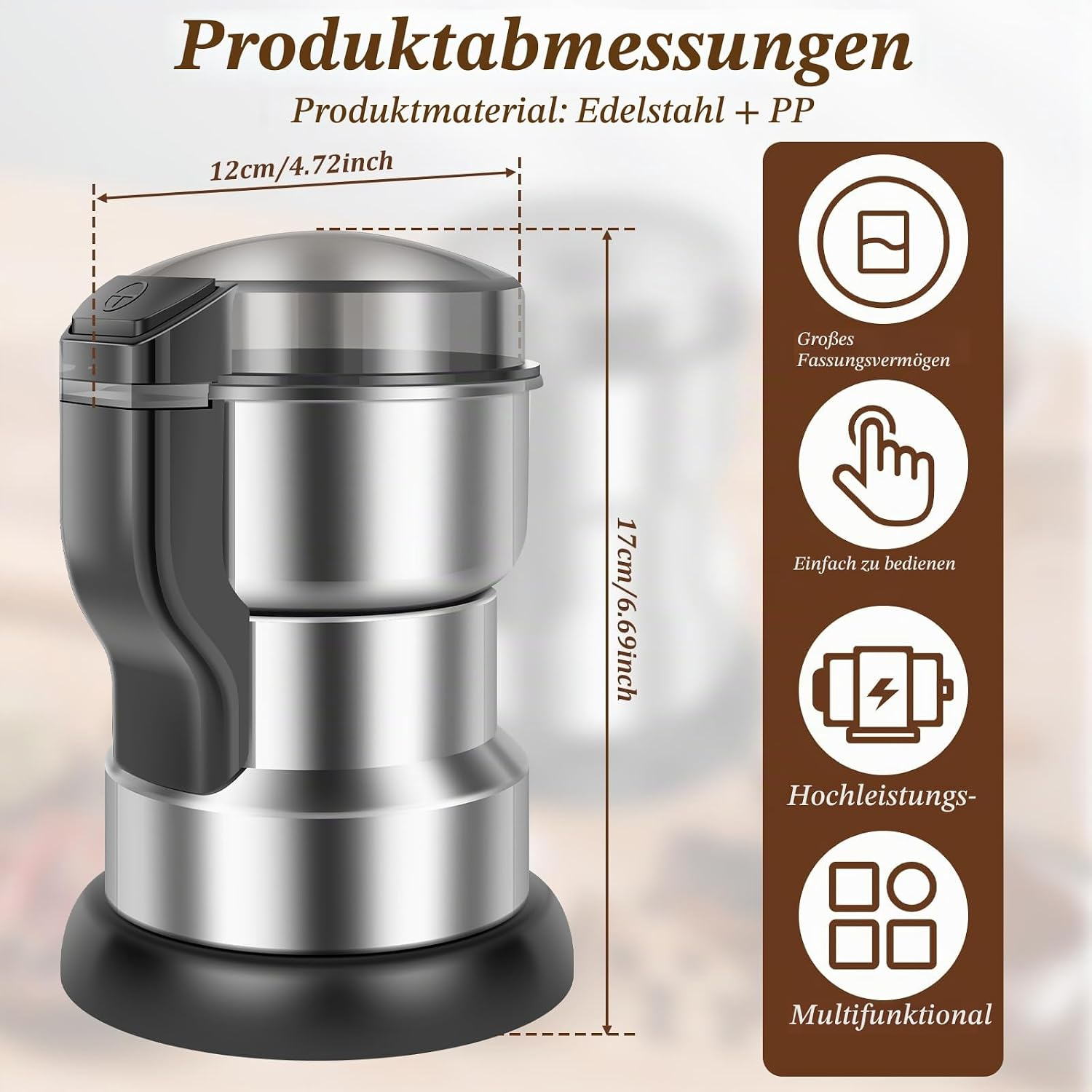 Produktabmessungen einer Edelstahl- und PP-Gewürzmühle mit Maßangaben und Funktionssymbolen.