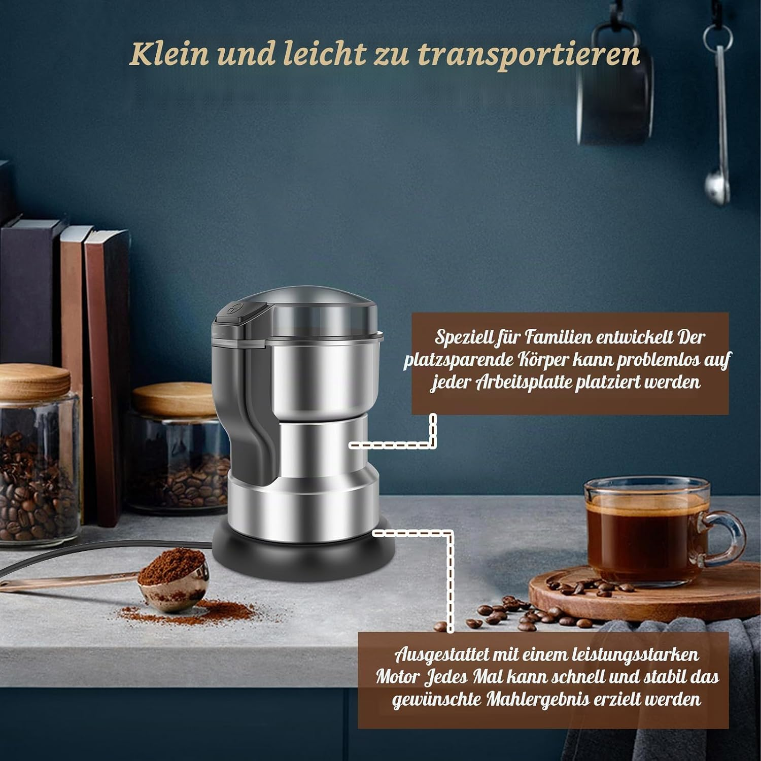 Edelstahl-Kaffeemühle auf einer Küchenarbeitsplatte mit Kaffeebohnen, Tasse und Textfeldern.