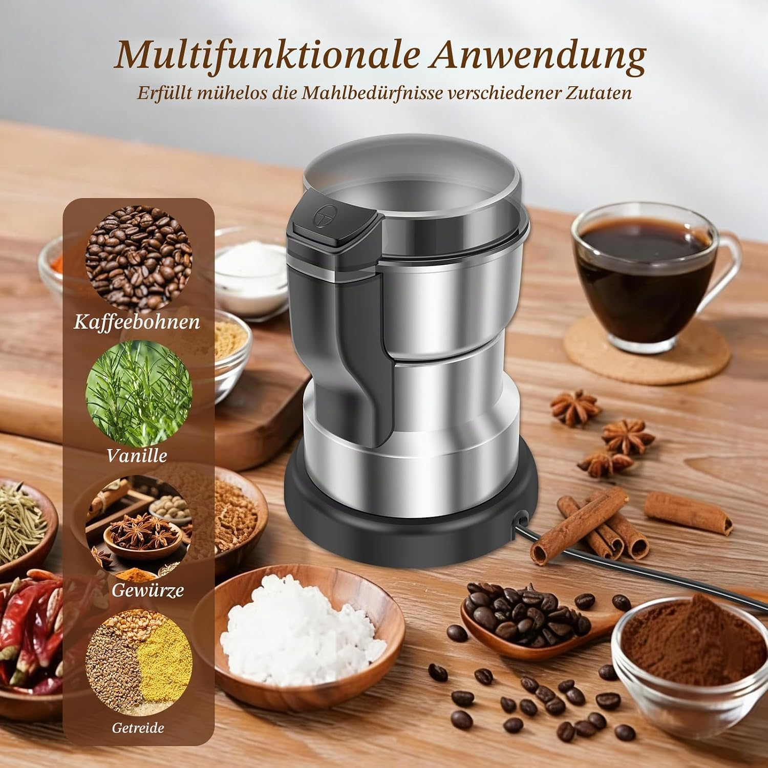 Eine elektrische Kaffeemühle aus Edelstahl steht auf einem Holztisch, umgeben von Kaffeebohnen, Gewürzen und Getreide.