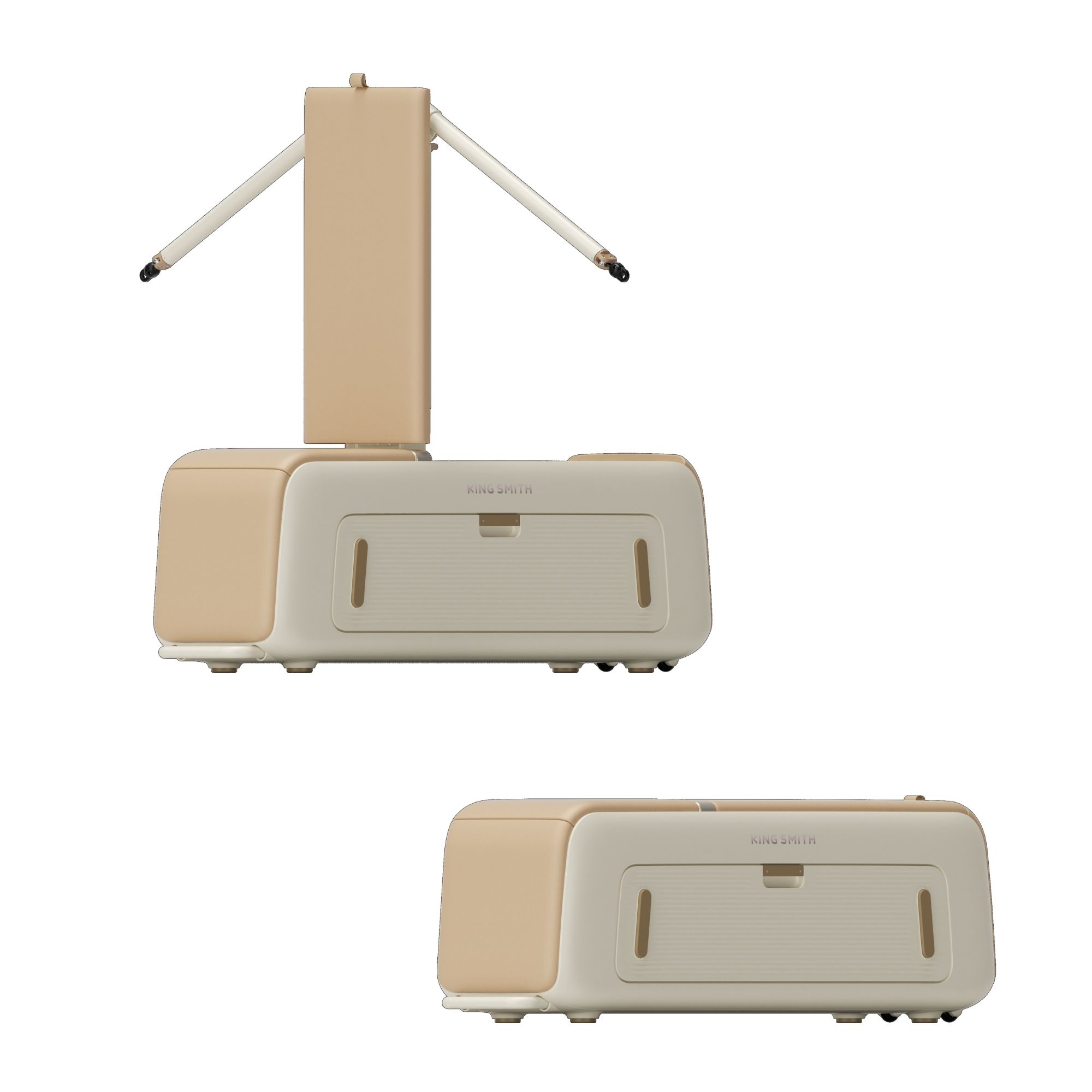 Un attrezzo fitness King Smith beige e crema, mostrato aperto con braccia e chiuso in modo compatto.