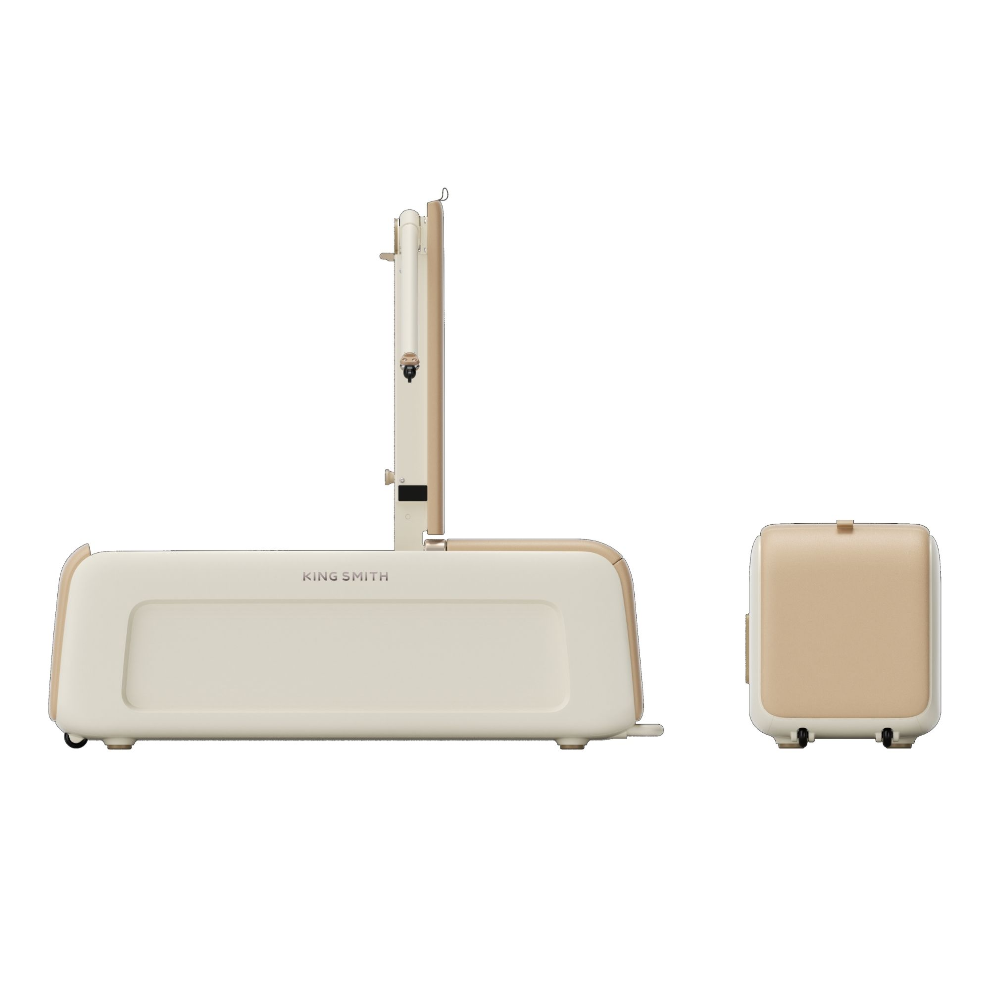Tapis roulant pieghevole King Smith beige e bianco, mostrato in posizione verticale e ripiegata.