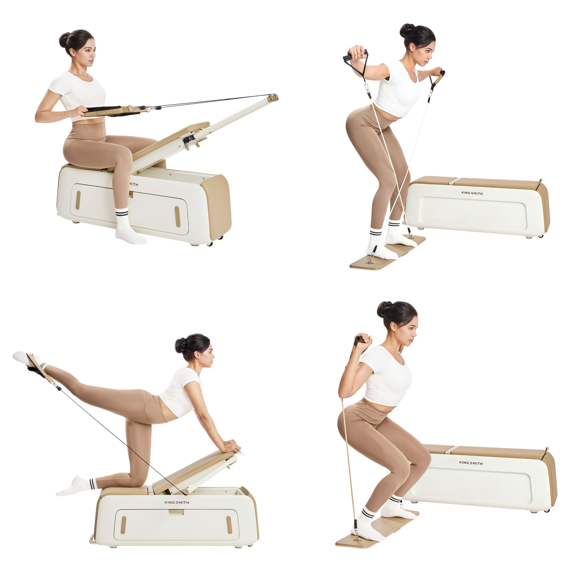 Una donna in abbigliamento sportivo dimostra vari esercizi utilizzando una macchina fitness multifunzionale.